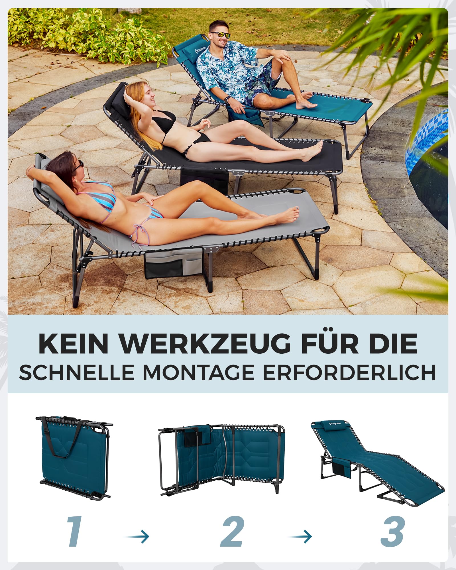 Sonnenliege Klappbar 5-Verstellbare, bis 180 kg, 2er Set, Blau | Gartenliege Klappbar, mit Kopfstütze & Seitentasche, Sonnenliege Wetterfest, Strandliege für Garten Terrasse Pool Camping