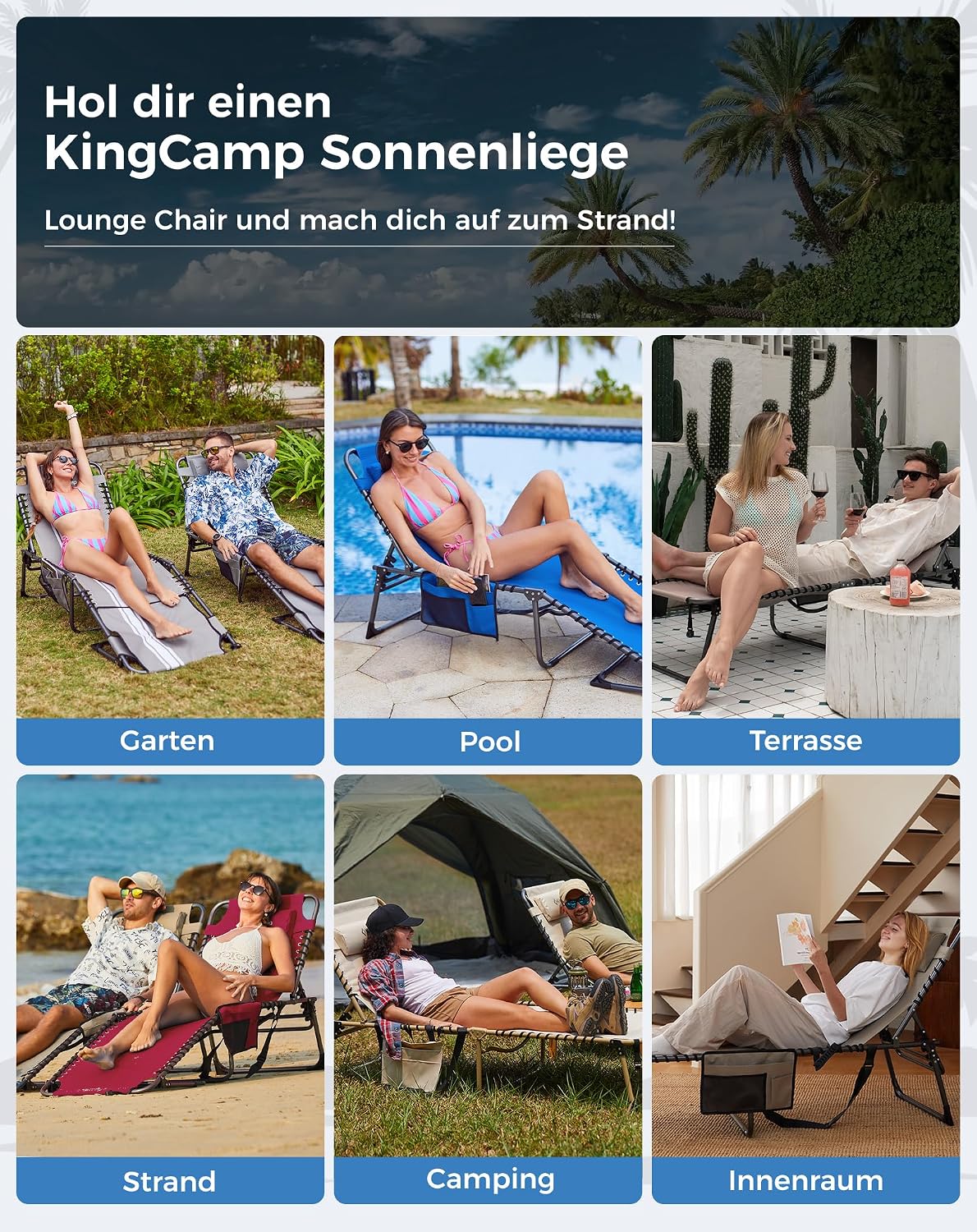Sonnenliege Klappbar 5-Verstellbare, bis 180 kg, 2er Set, Blau | Gartenliege Klappbar, mit Kopfstütze & Seitentasche, Sonnenliege Wetterfest, Strandliege für Garten Terrasse Pool Camping