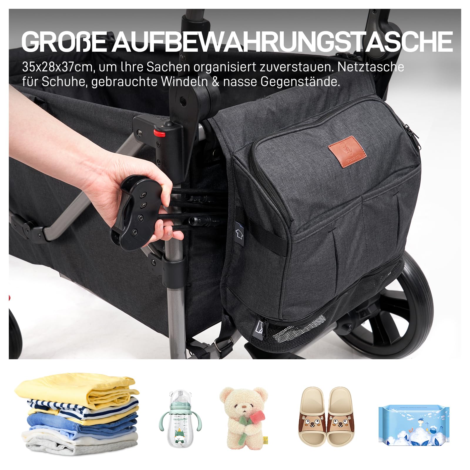 Bollerwagen für 2 Kinder Faltbar mit Dach, Kinderwagen 2x5 Punkt Sicherheitsgurt mit Wickelrucksack, Bollerwagen mit Sitz, Handwagen Transportwagen, Ziehen & Schieben, Fußbremse