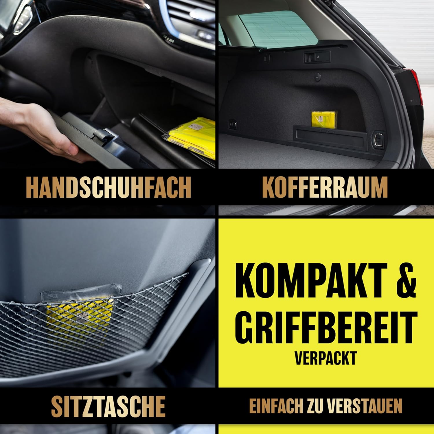 Warnwesten Auto 4er Set Europaweit gültig nach aktueller Norm 2026 EN ISO 20471 - Reflektierende Warnweste Auto - Sicherheitsweste Gelb - Warnschutzweste - Auto Warnweste für Erwachsene