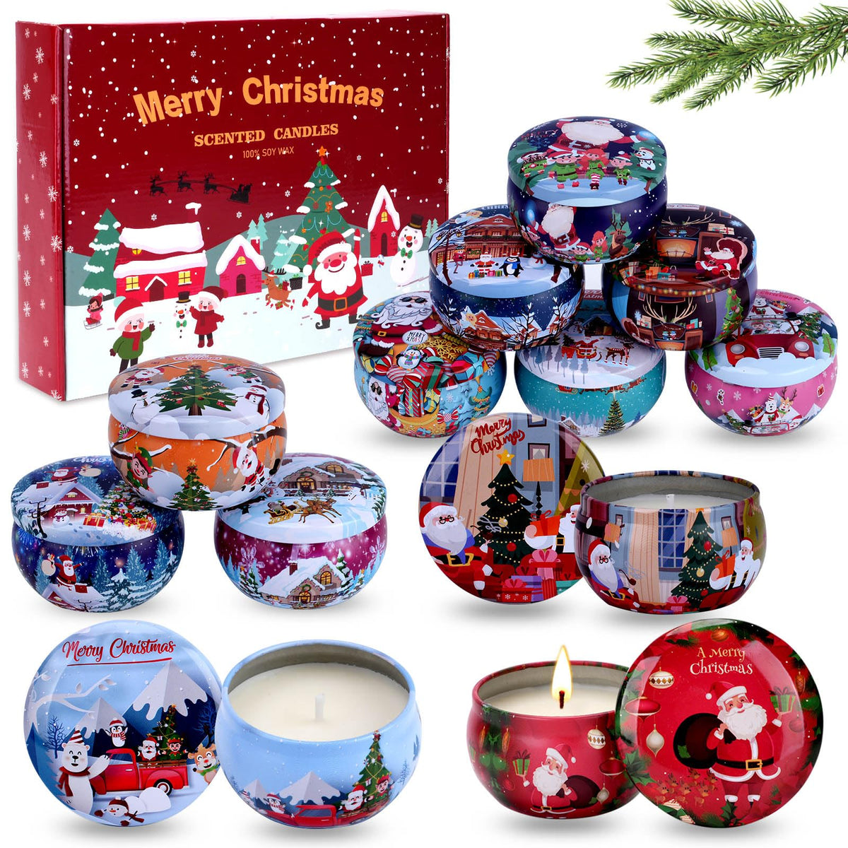 Duftkerze Geschenkset Weihnachten, 12 Pack Weihnachtskerzen Weihnachtsgeschenke Set, Natürliche Sojawachs Aromatherapie Kerzen Geschenkset für Frauen, für Weihnachten, Jubiläum