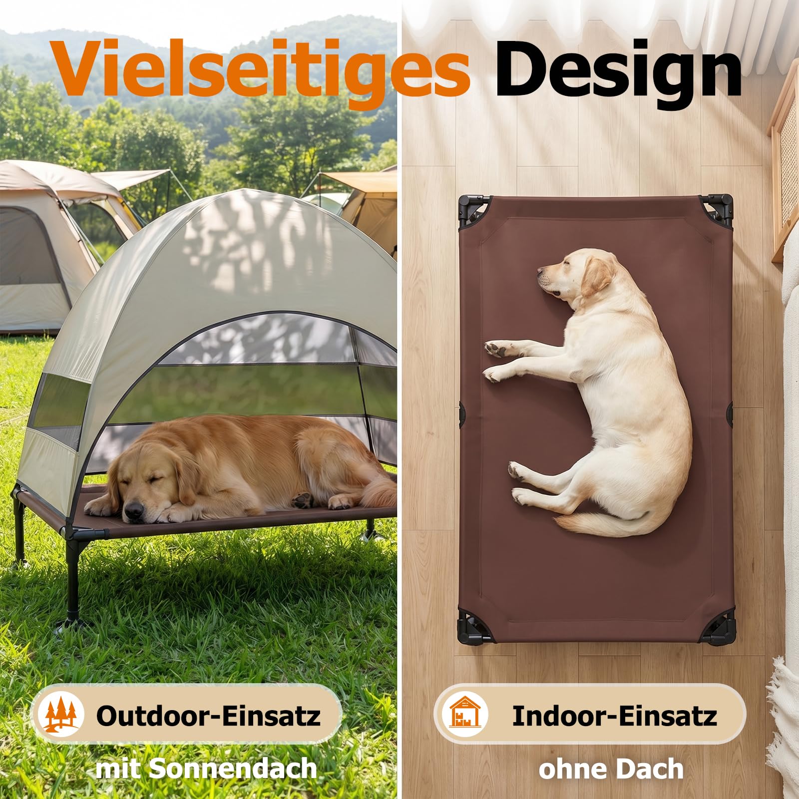 Erhöhtes Hundebett Outdoor mit UV-beständiges Dach，Hundeliege Klappbar mit Anti-Rutsch-Füßen, Hundezelt Outdoor mit Großem Schatten, Kühlendes ErhöHtes Hunde Bett für Camping, Garten & Pool (Grau, L)