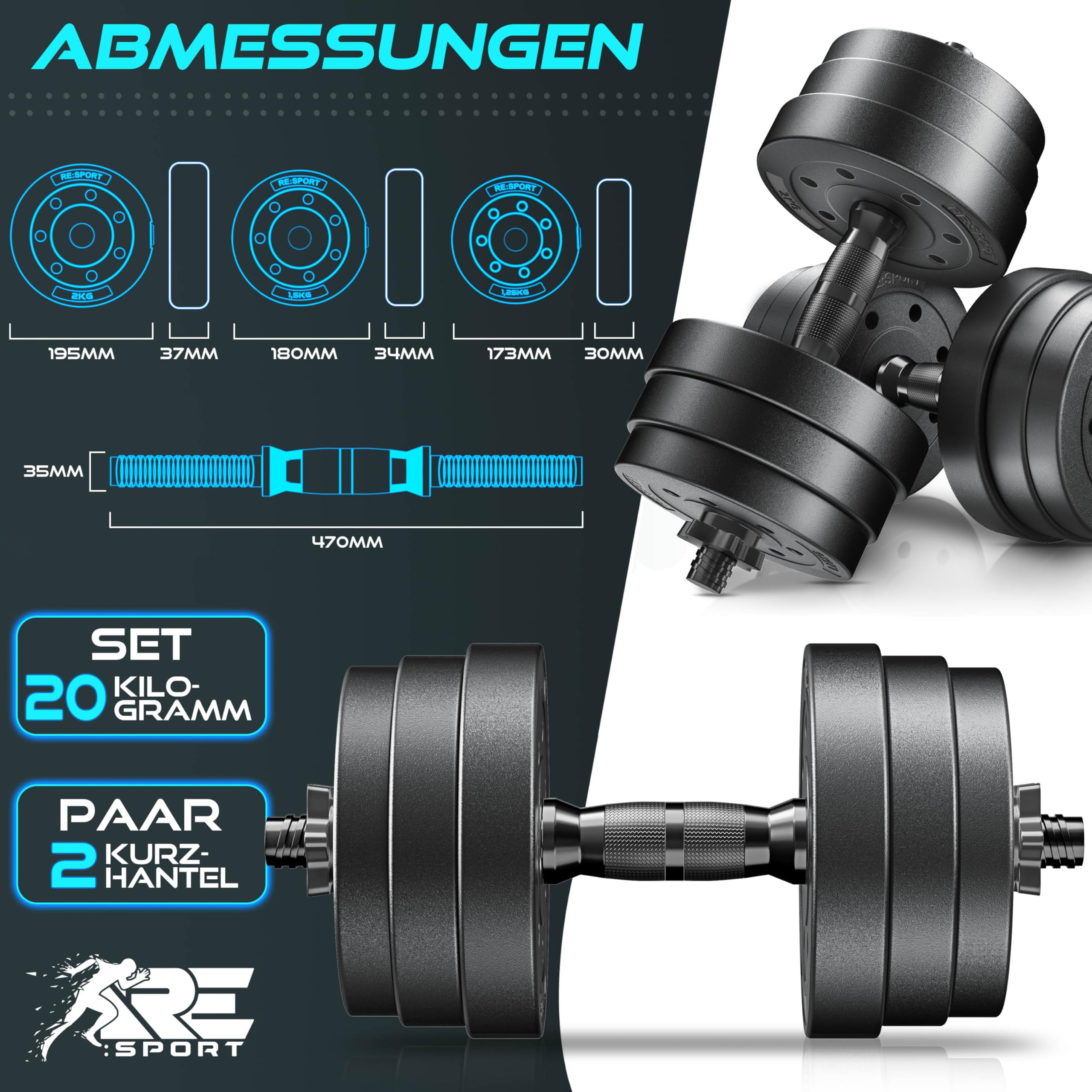 2er Hanteln Set verstellbar 20 kg | Hantelset mit 2 Kurzhanteln | Hantel mit Gewichten & 4 Sternverschlüsse | Fitness Kurzhantel für Muskelaufbau, Workout & Zuhause