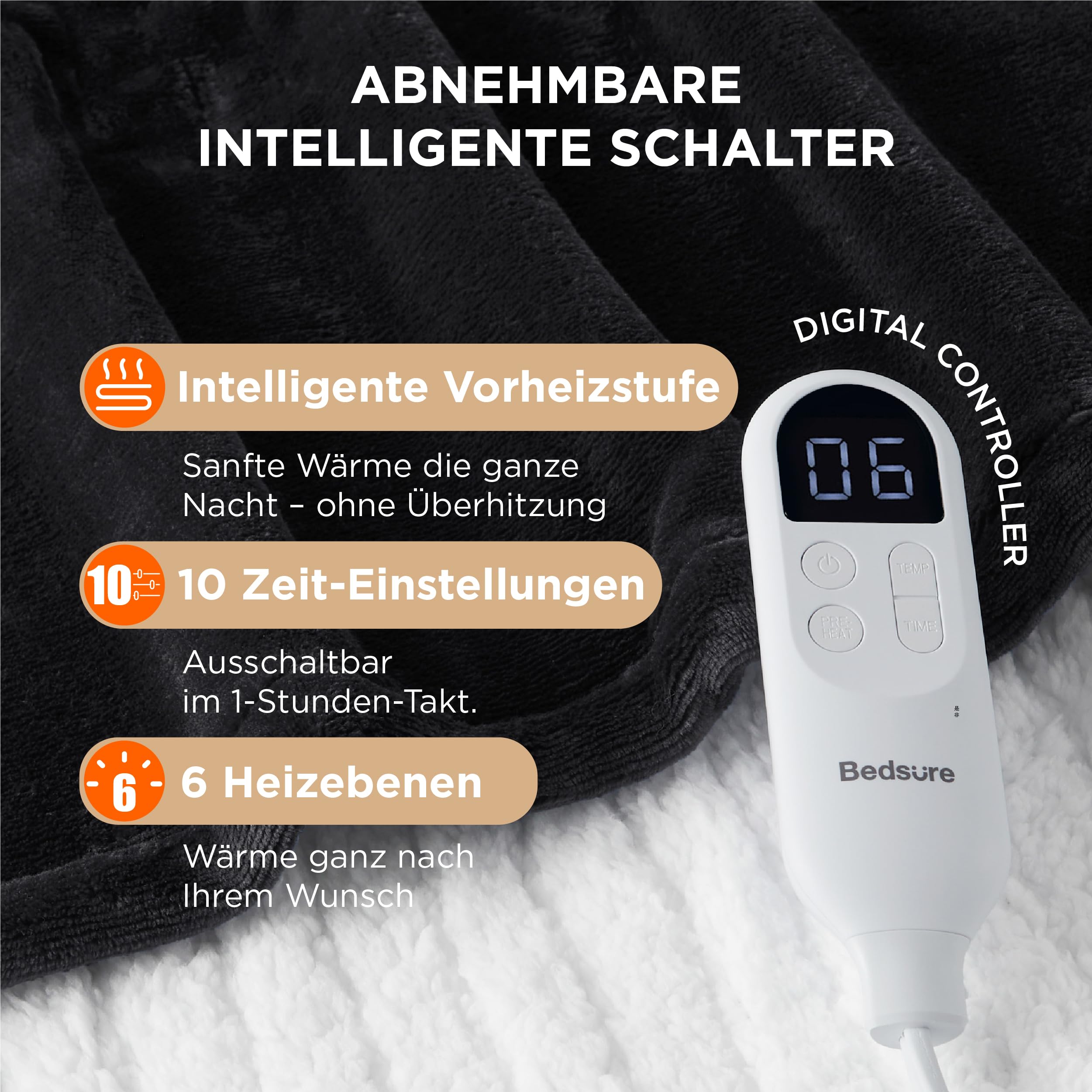 Elektrische Decke mit automatischem Abschalten - Wärmedecke mit 6 Wärmeeinstellungen und 10-Stunden-Timer, bis zu 8 Stunden Überhitzungsschutz, elektrische Kuscheldecke für Zuhause und Büro, 130 x 180 cm