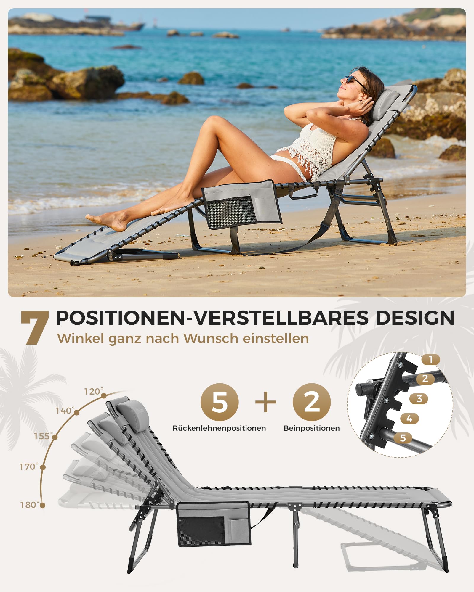 Sonnenliege Klappbar 5-Verstellbare, bis 180 kg, 2er Set, Blau | Gartenliege Klappbar, mit Kopfstütze & Seitentasche, Sonnenliege Wetterfest, Strandliege für Garten Terrasse Pool Camping