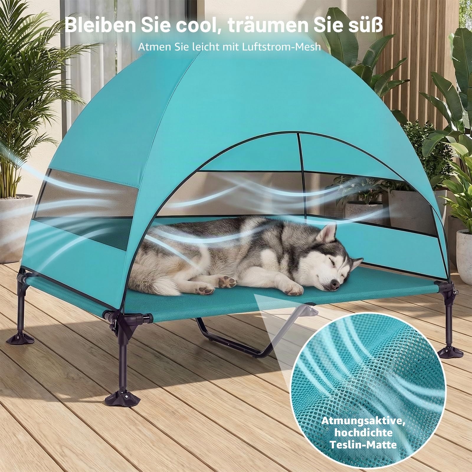 Erhöhtes Hundebett Outdoor mit UV-beständiges Dach，Hundeliege Klappbar mit Anti-Rutsch-Füßen, Hundezelt Outdoor mit Großem Schatten, Kühlendes ErhöHtes Hunde Bett für Camping, Garten & Pool (Grau, L)