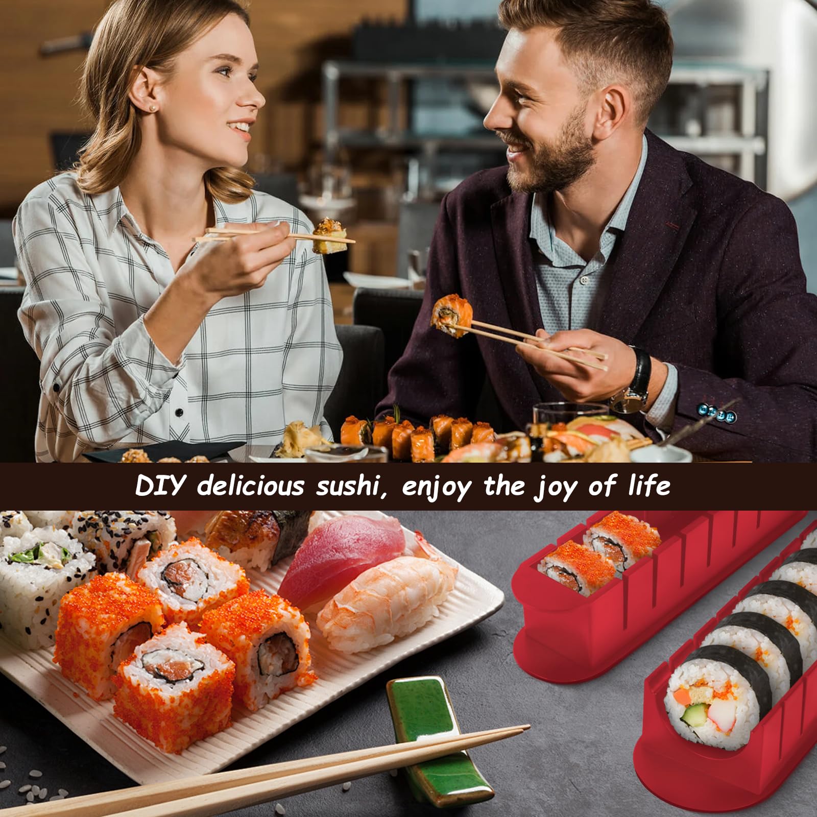 Sushi Set, 20-teiliges Kit für Anfänger, um sich selbst Sushi zu machen, Sushi-Platte mit Reisrollenformen, Gabel, Messer, Rollmatte, Sticks