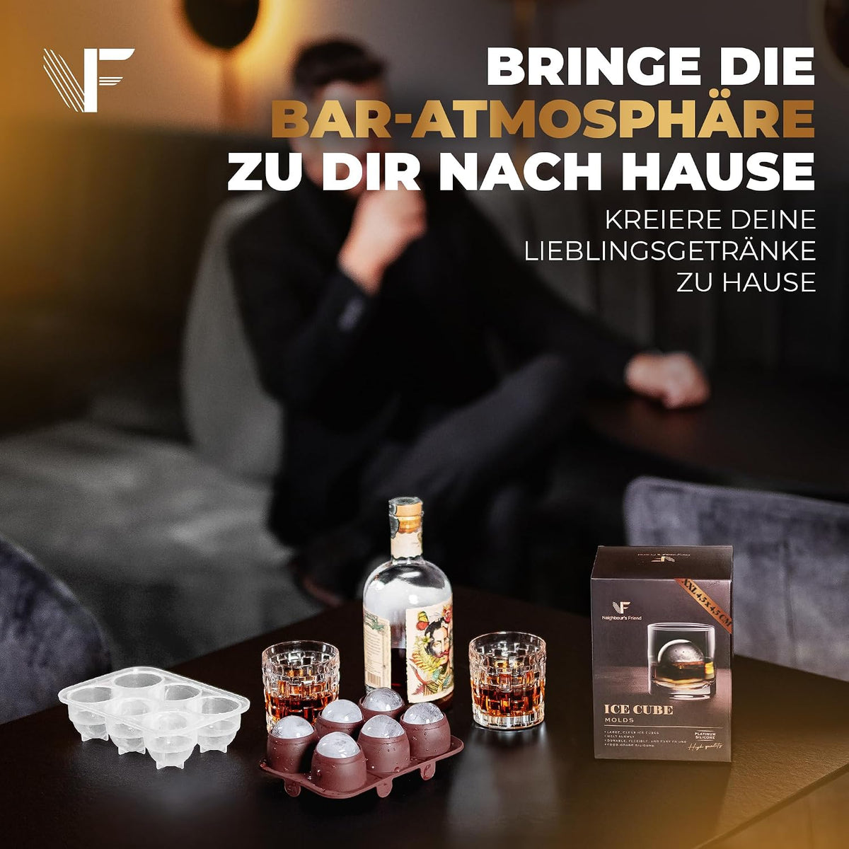 Runde Eiswürfelform 2er Pack - XXL Eiskugelform für Whisky, Rum & Cocktails - 12x Eiswürfel Kugeln - Langlebige Platin-Silikon Eis Kugel Form spülmaschinengeeignet