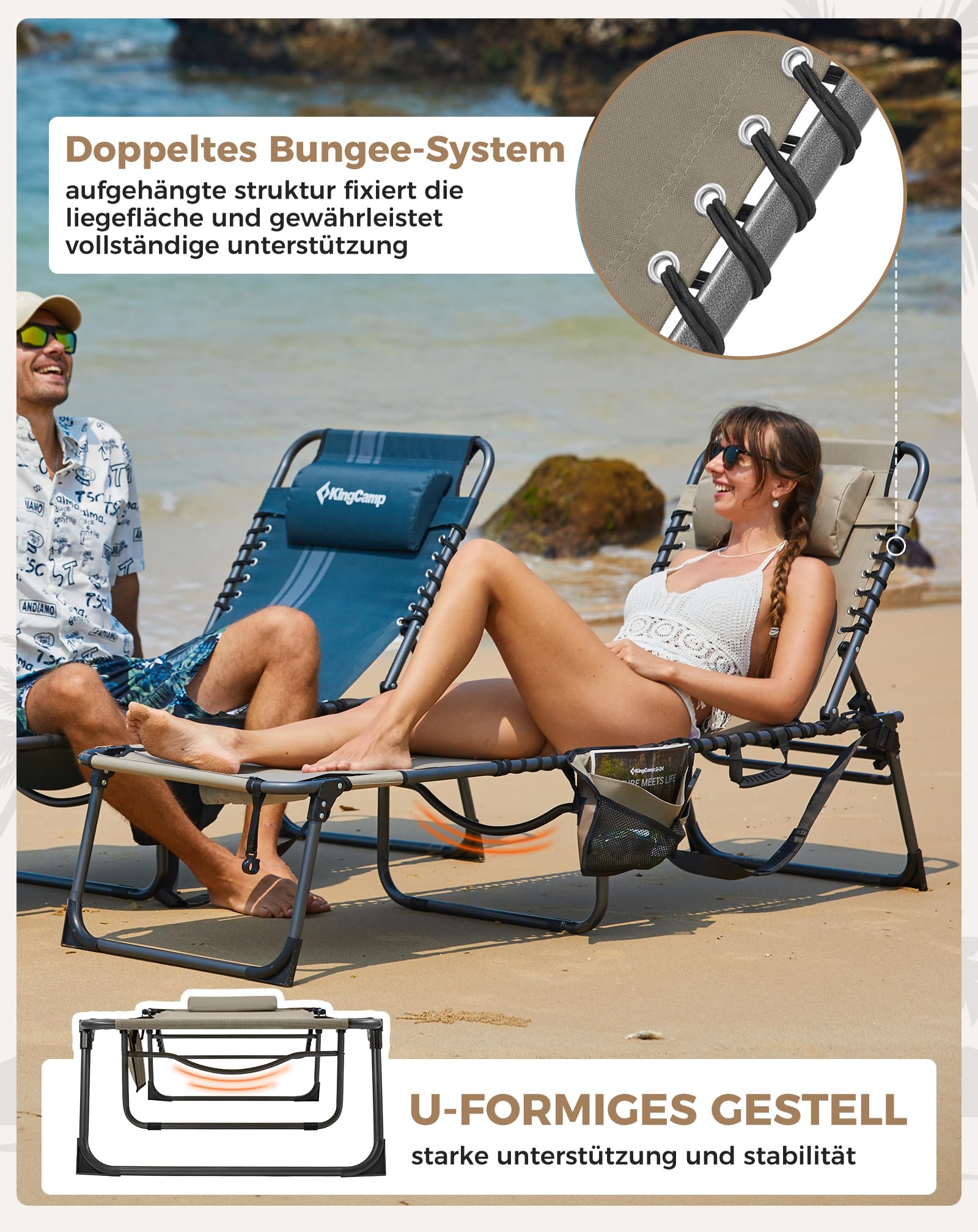 Sonnenliege Klappbar 5-Verstellbare, bis 180 kg, 2er Set, Blau | Gartenliege Klappbar, mit Kopfstütze & Seitentasche, Sonnenliege Wetterfest, Strandliege für Garten Terrasse Pool Camping