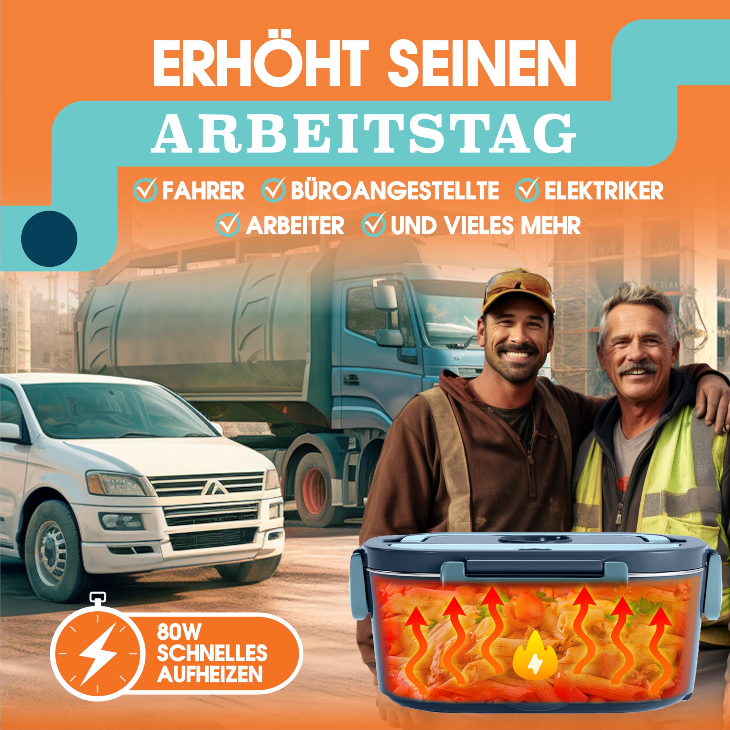 Elektrische Lunchbox 80W Selbsterhitzende Dosen, 1,5L Heat Box 3-in-1 Electric Lunch Box, Essen Aufwärmen Unterwegs 12V/24V/220V, für Arbeit Auto Lkw Lunchbox Elektrisch, Thermal Lunch Box