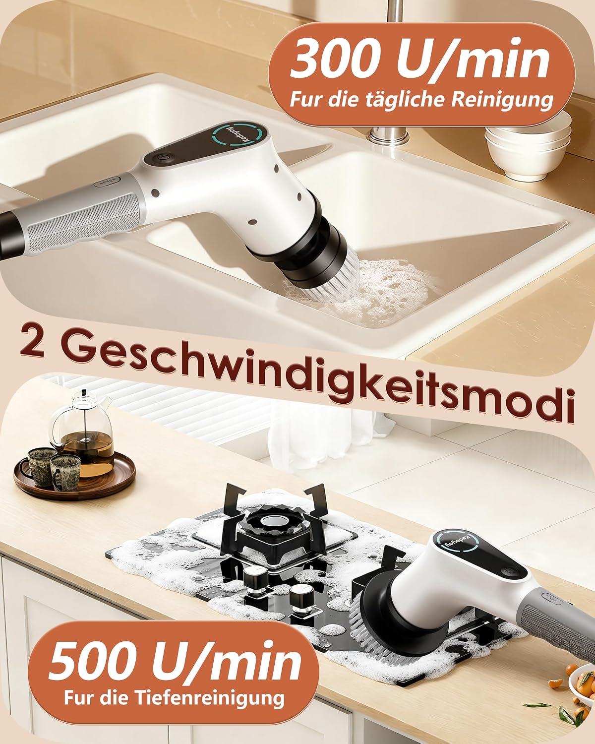 Elektrische Reinigungsbürste, 8 in 1 Electric Cleaning Brush | mit austauschbaren Bohrbürstenköpfen, Wanne mopSet, Elektrische Putzbürste mit Verstellbarem Griff für Bad Küche Auto Fußbode