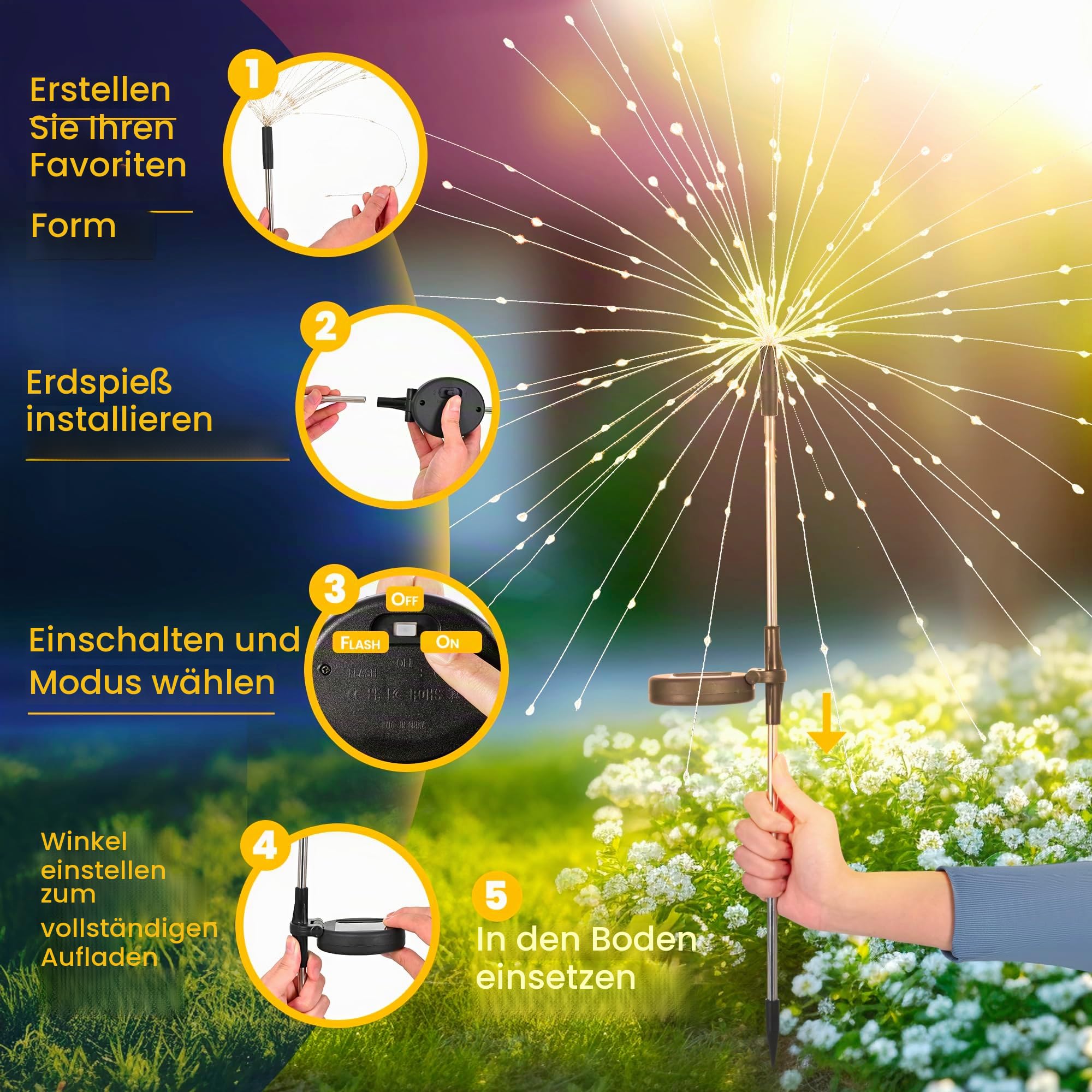 Gartendeko Solarleuchten für Außen,4 Stück 120 LED Feuerwerk Solarleuchten, Wetterfest Pusteblume Solarlampen für Balkon Terrasse Blumenkästen Hof Deko