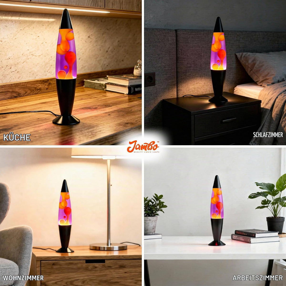 Jambo Liquid-Motion-Lampe mit schwarzem Sockel (Black Base, Purple Liquid, Yellow Wax, 16")