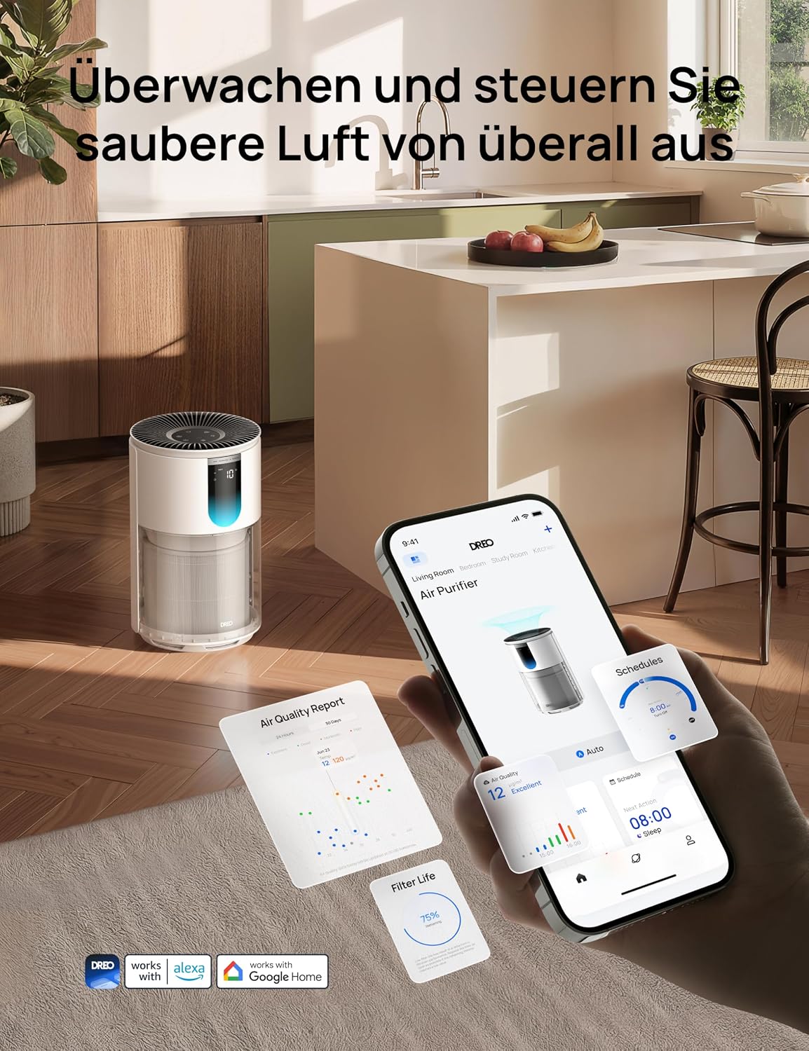 Luftreiniger für Schlafzimmer bis 109 m², gegen Gerüche, Pollen & Rauch, AHAM-verifiziert, 3-in-1 HEPA-Filter, PM2,5-Sensor, Luftqualitätsmonitor, 18 dB, WLAN, Alexa