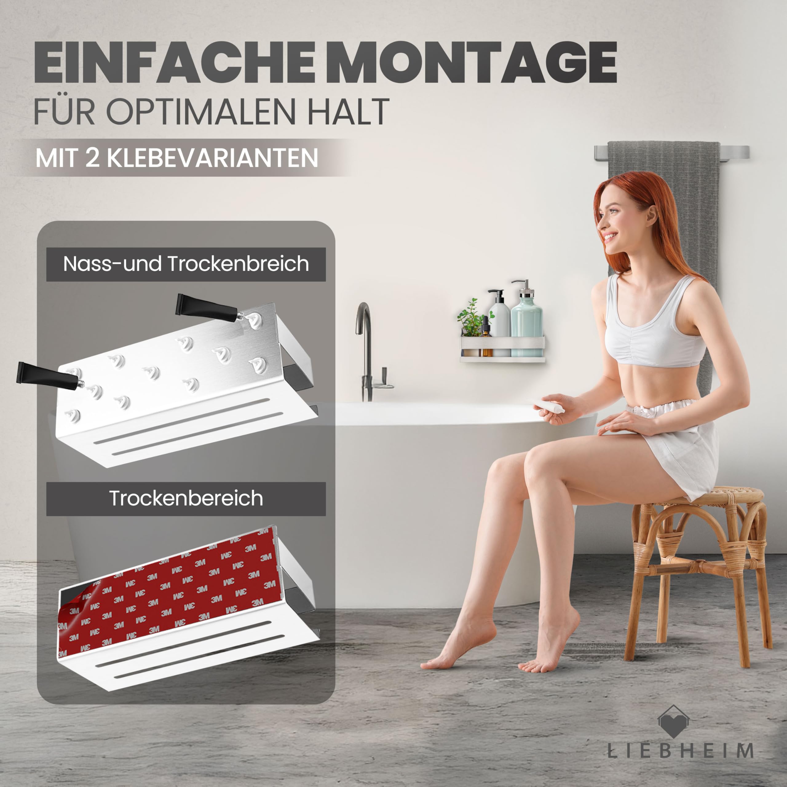 Duschablage Ohne Bohren - Badregal - Duschkorb - Bad Organizer | Massiv - silber gebürstet - 22 cm x 9 cm - 2 Klebevarianten für Nass- und Trockenbereich