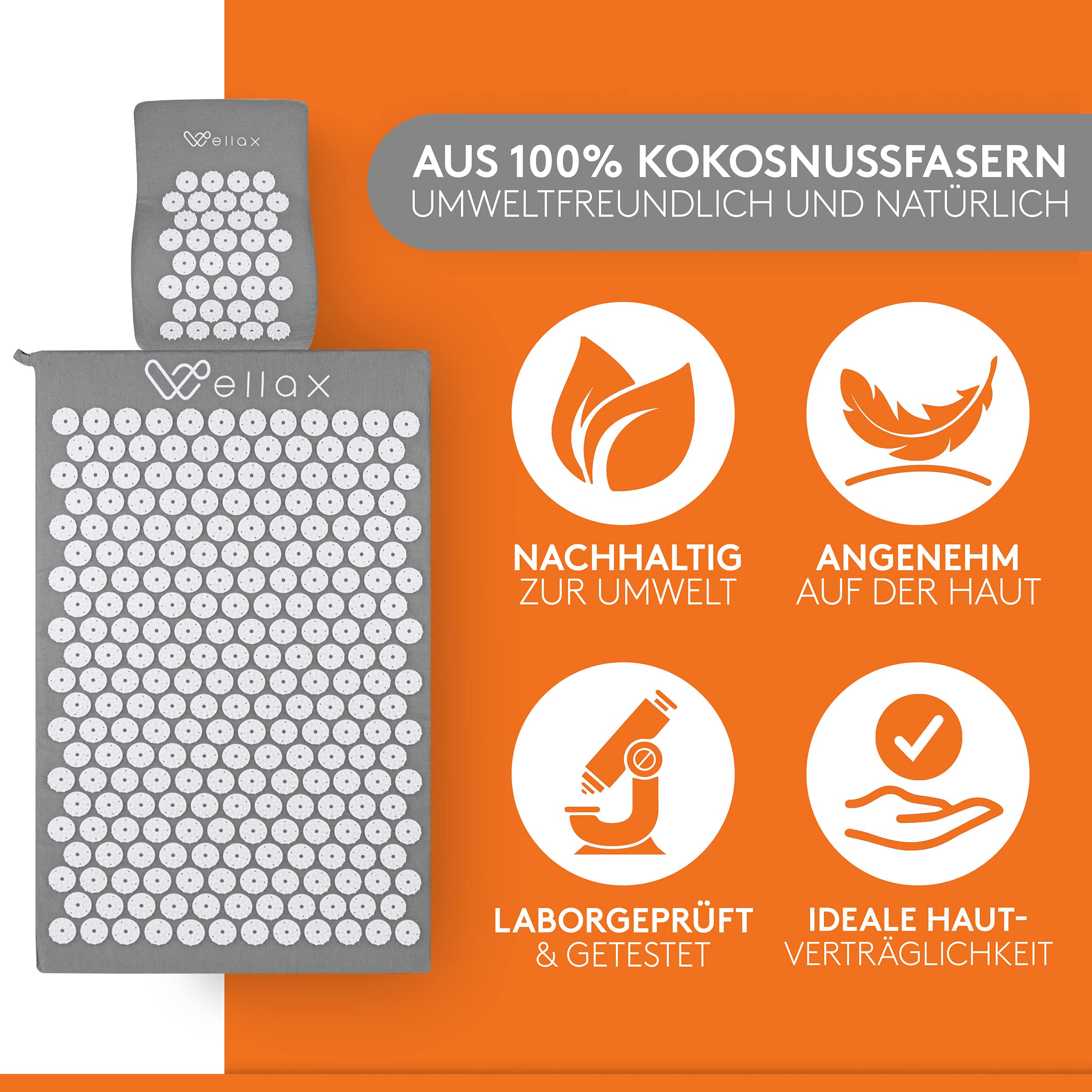 Akupressurmatte mit Kissen - Gefüllt mit 100% Kokosfasern - Löst Verspannungen & fördert Durchblutung - Massage Matte mit Akupressurkissen - Ausgezeichnet von Vergleich.org