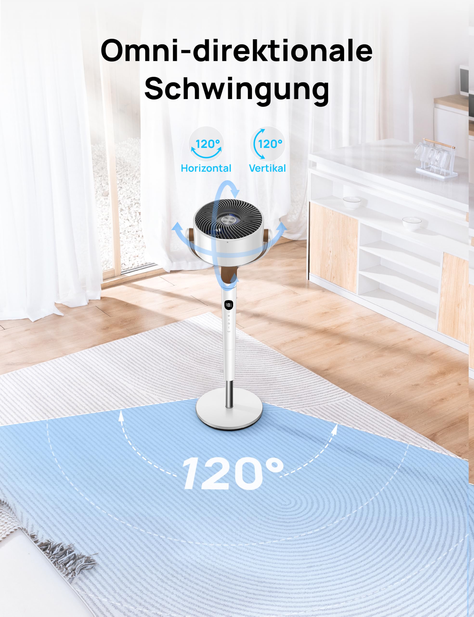 Starker Standventilator Smart mit RGB Light, 120° +120° Oszillierender Ventilator mit Fernbedienung, 20dB Leiser Bodenventilator / Turmventilator für Schlafzimmer, 8H Timer, Silber