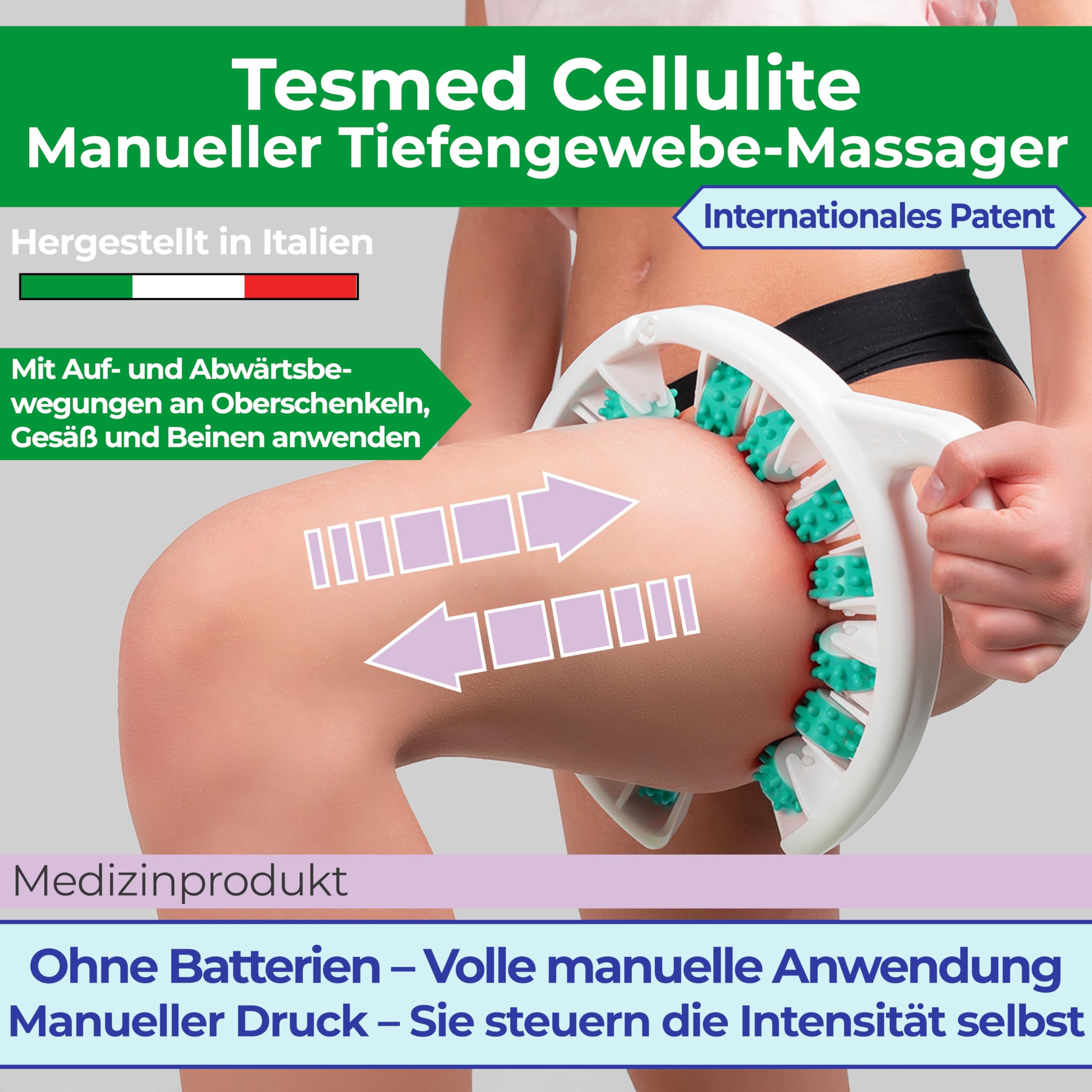 Cellulite Massagegerät Made in Italy, Anticellulite-Gerät mit konvergenten und divergenten Rollen zum Heben, Anziehen und Glätten der Haut, Grün