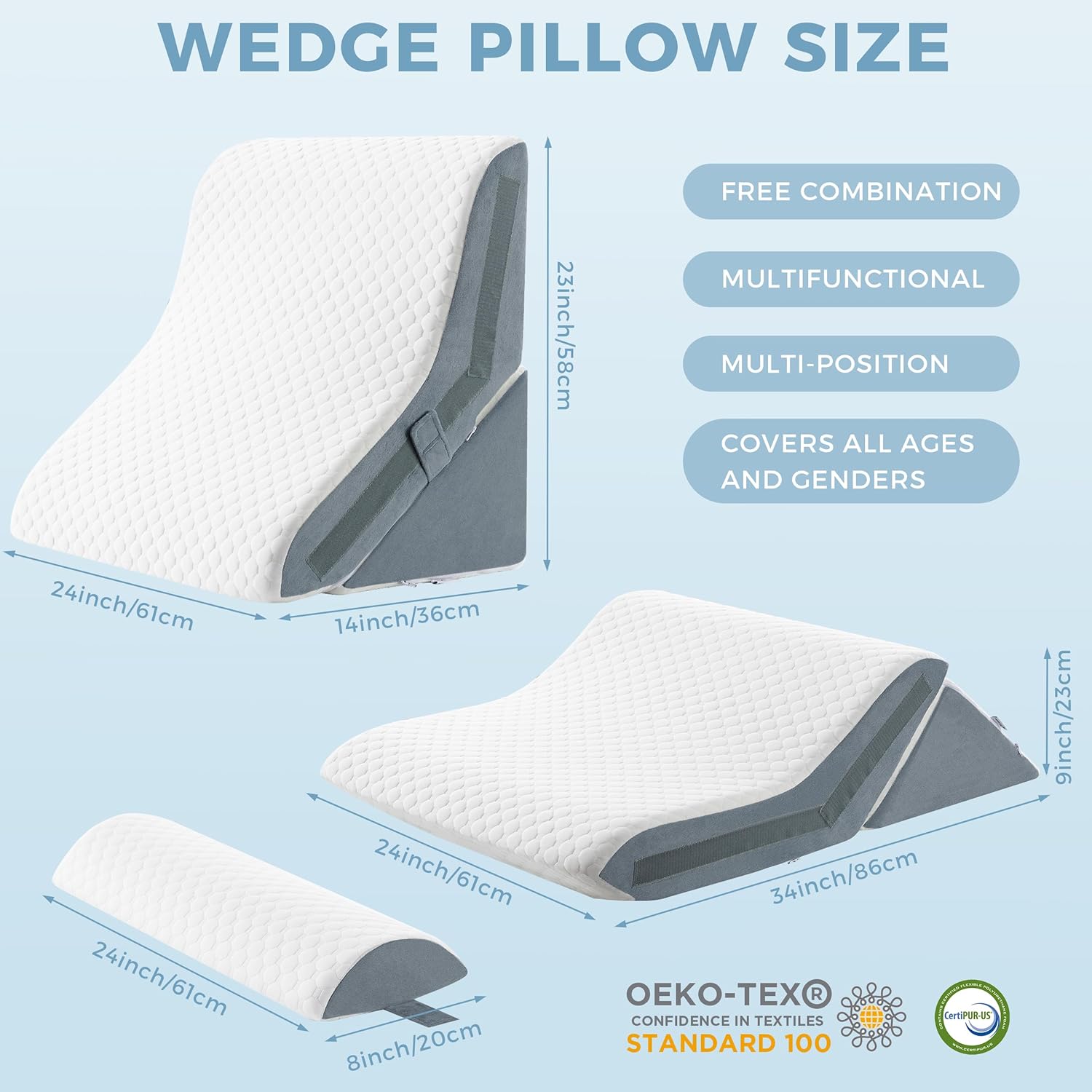 3-in-1 Orthopädisches Bettkeilkissenset, verstellbarer Memory-Schaum, Faltdreieckkissen zur Unterstützung von Beinen, Knien, Schlafapnoe, Rückenschmerzen, Linderung von Sodbrennen, Schnarchen
