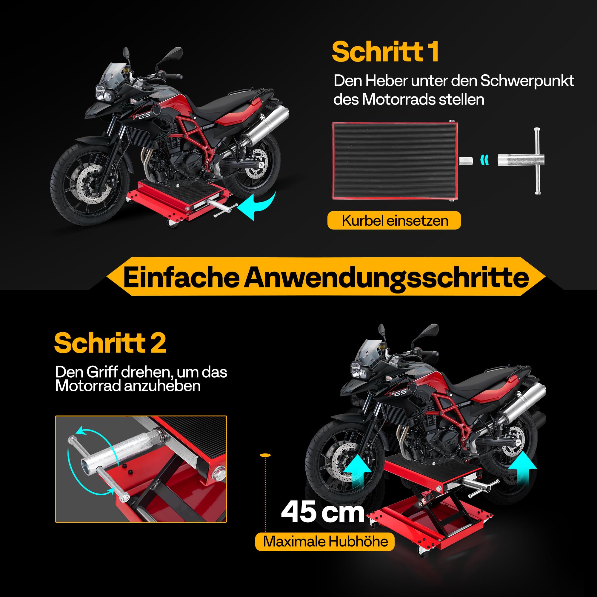 Motorrad Lift 500 kg Stahl-Schereheber mit breitem Deck und Kurbel für Motorräder Off-Road-Fahrzeuge Schmutzfahrräder