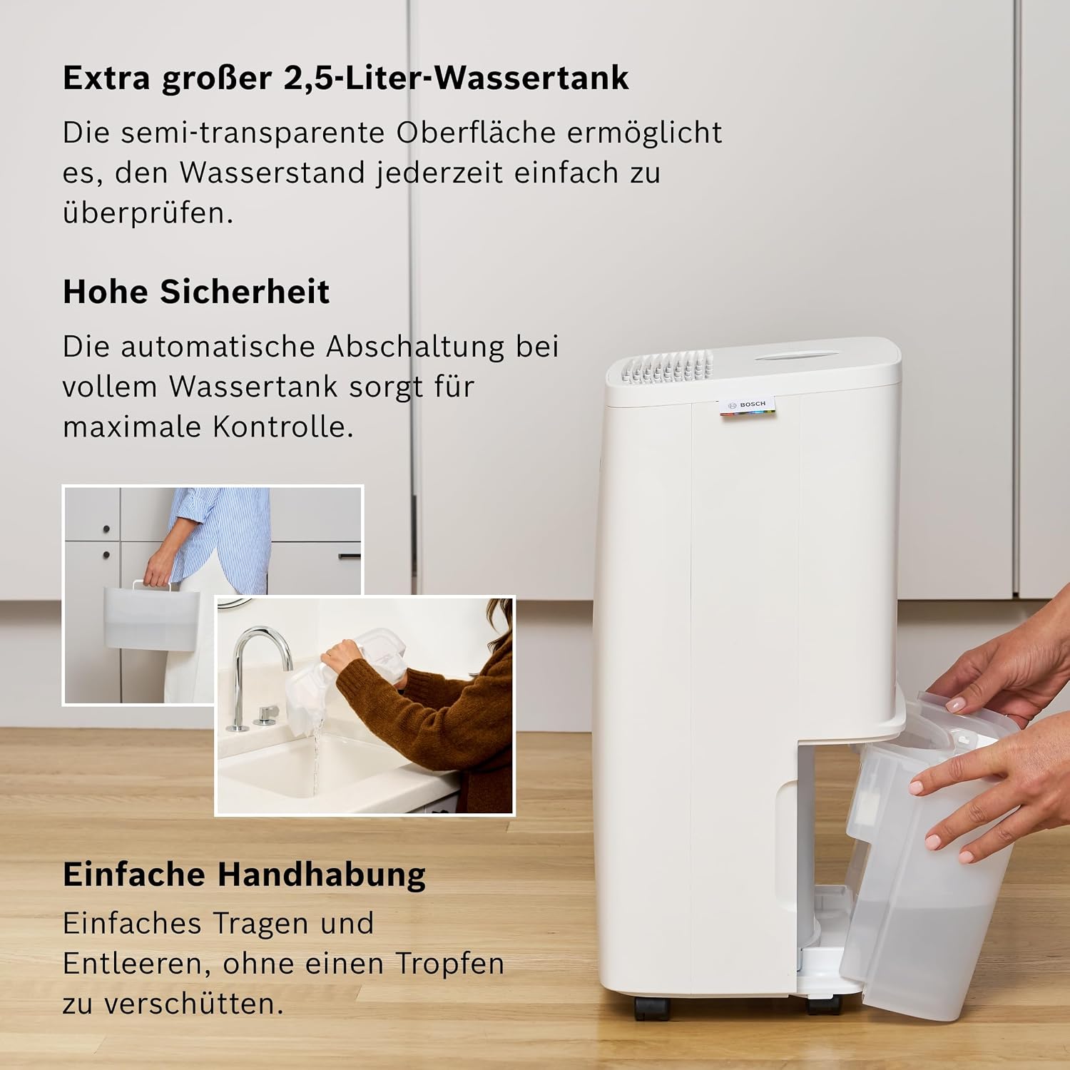 Bosch Dry, Luftentfeuchter, Für Räume bis zu 33 m² | Einfach, Effizient, Leise, Ideal für Deine Wohnung & die schnelle Trocknung Deiner Wäsche