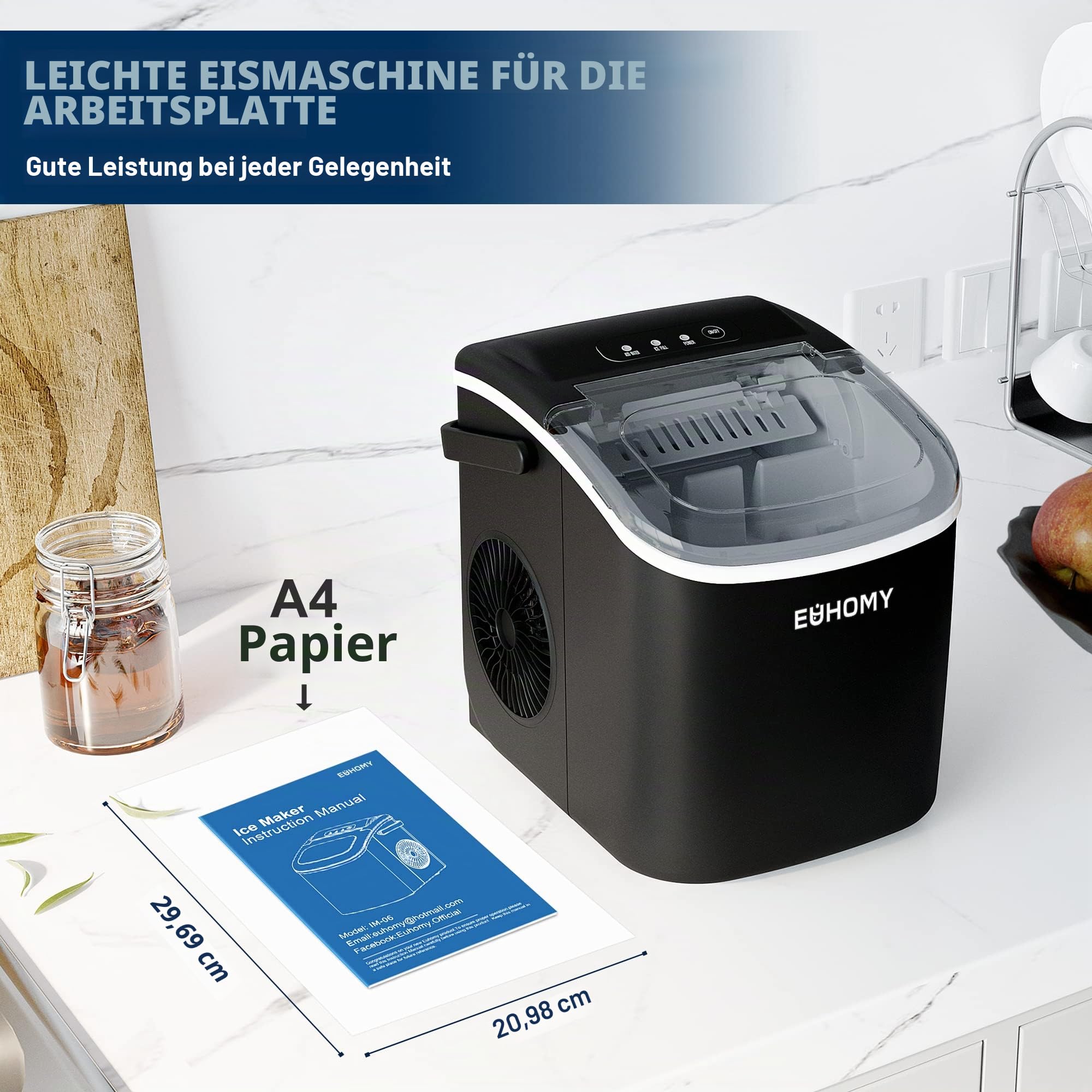 Eiswürfelmaschine Klein, 9 Eiswürfel in 6 Minuten, 12 kg/24H, Eiswürfelmaschine Edelstahl mit Tragbarem Griff, Selbstreinigender Kompakter Eiswürfelmaschinen für Zuhause/Küche/Büro/Bar