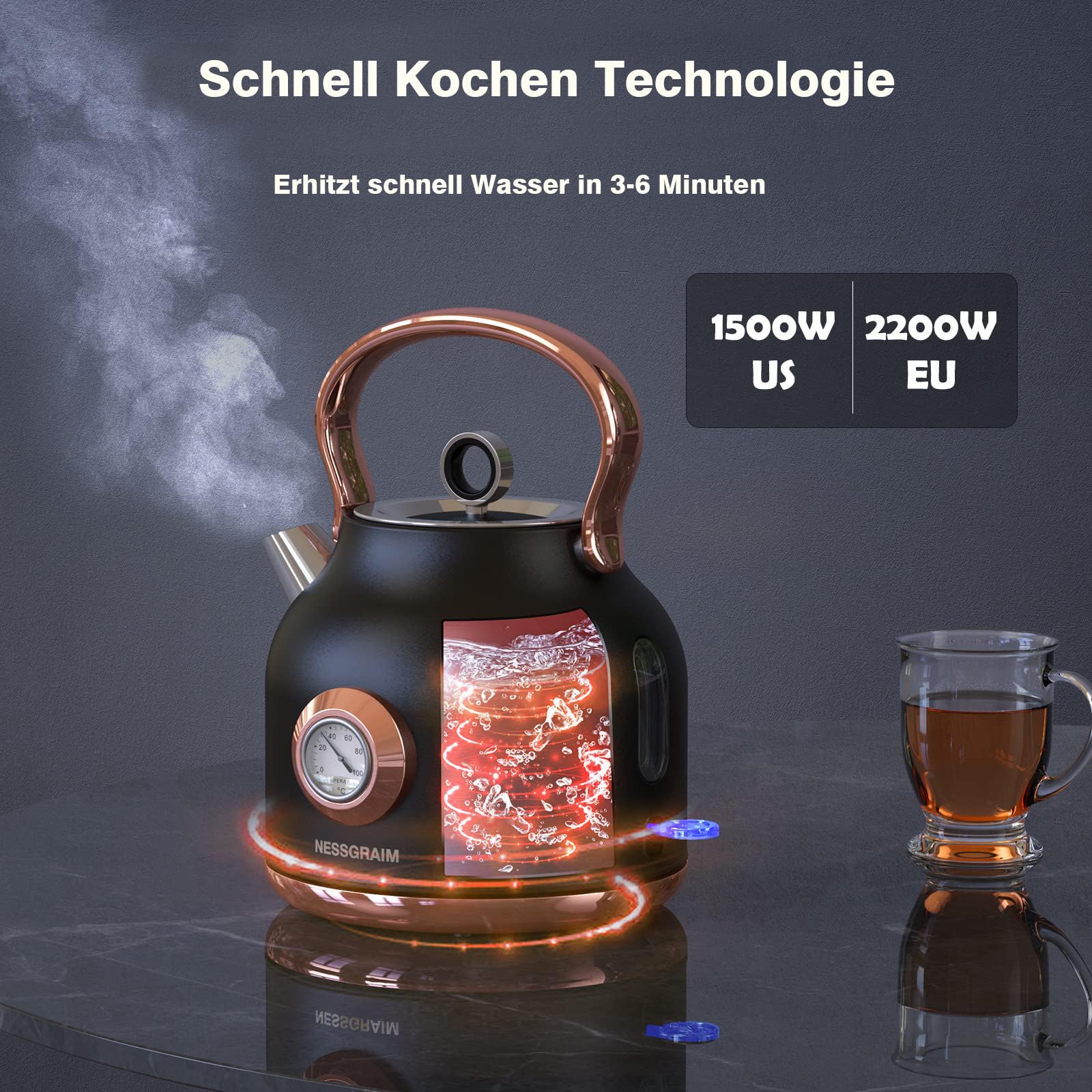Retro Wasserkocher, 1,7 Liter Edelstahl Teekessel mit grosser Temperaturanzeige, 2200 W Schnellerhitzung Heisswasserkessel mit LED-Anzeige, Schwarz oder Weiss
