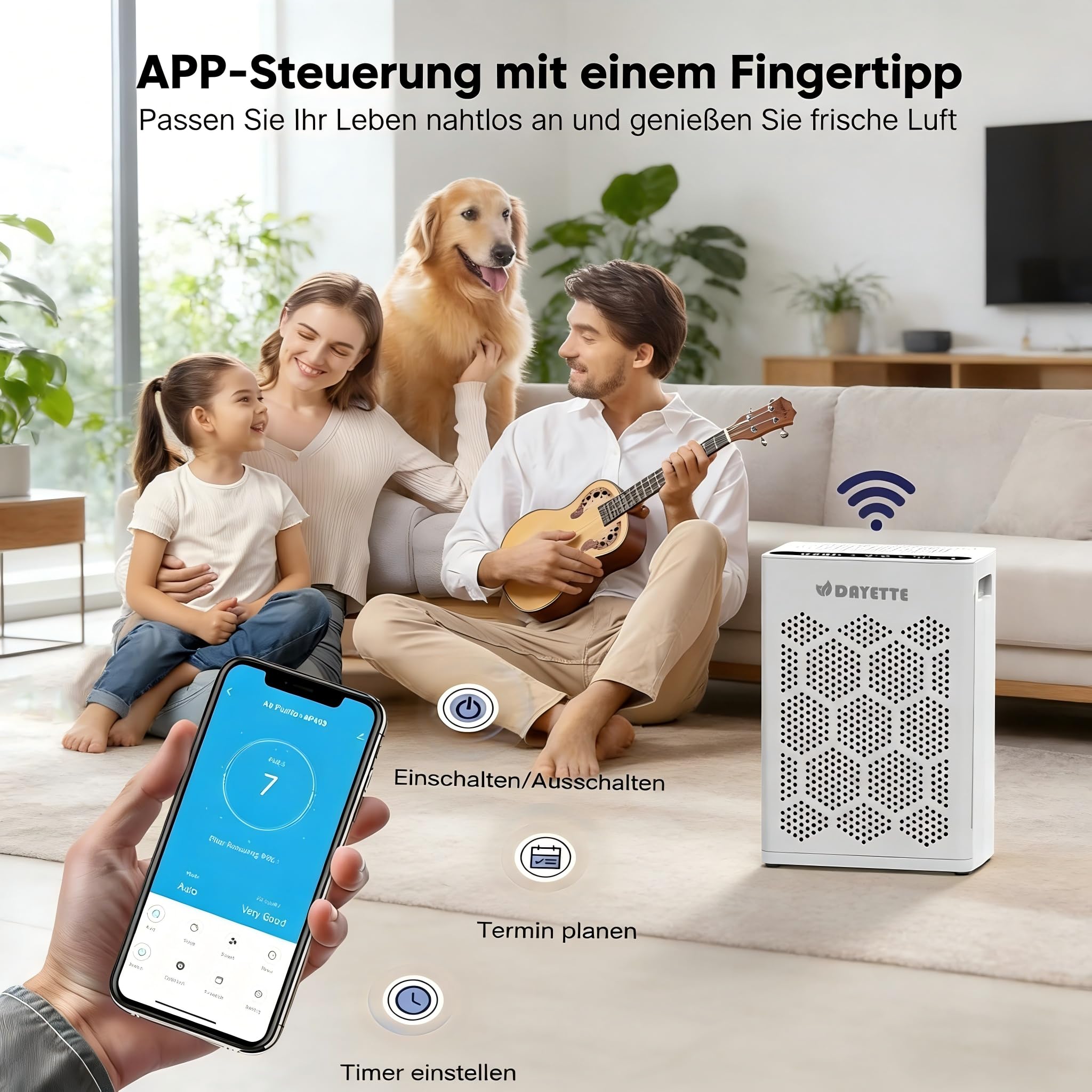 Luftreiniger Allergiker für Wohnung, HEPA H14 Filter mit waschbarem Vorfilter gegen Zigarettenrauch, Schimmel und Gerüche, CADR 300m³/h, App- und Alexa-Steuerung
