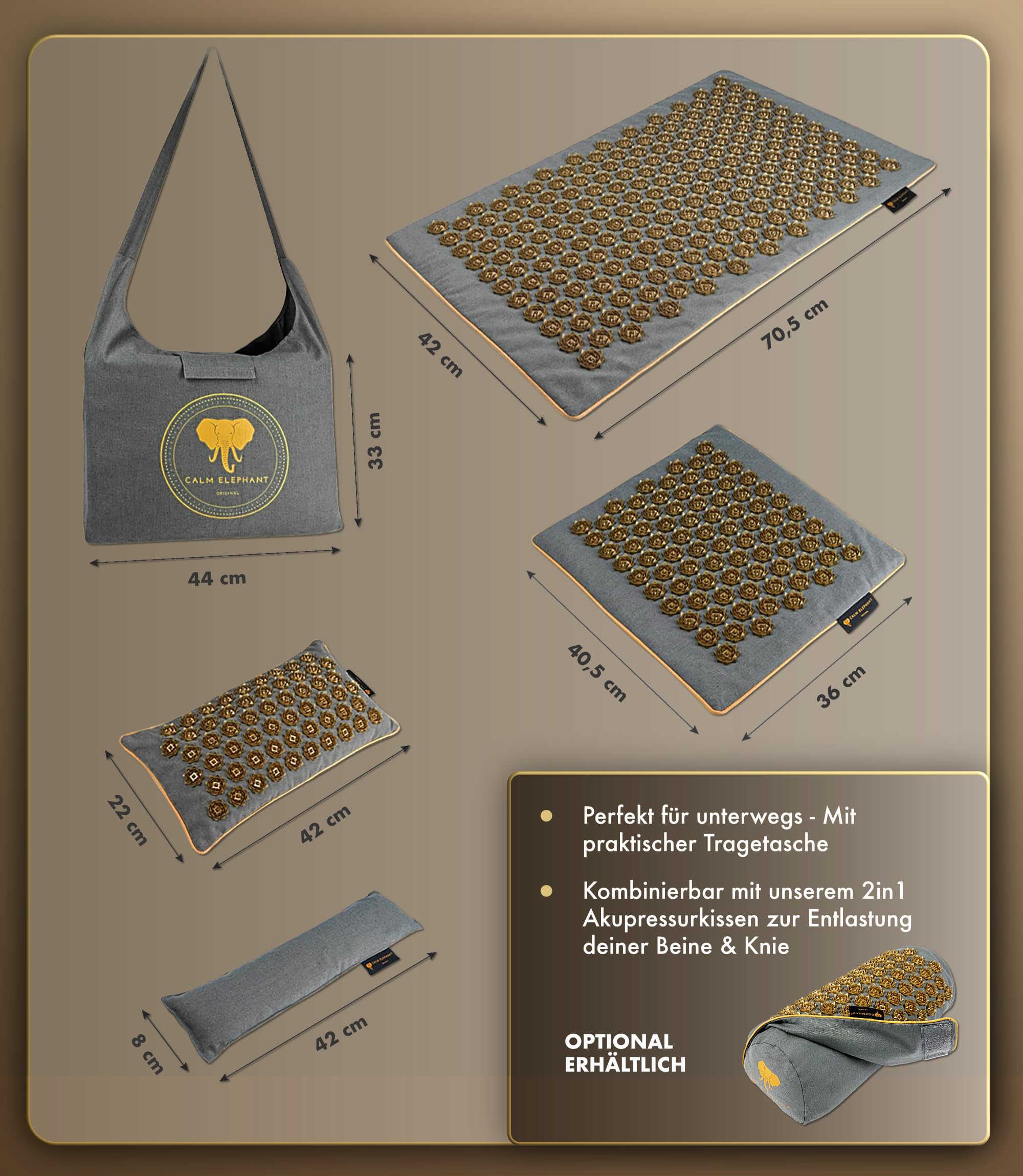 Echte Akupressurmatte mit Kissen XXL Set aus 5 Massagematten Rückenspannung Entlastung Akupunkturmatte mit Wärmefunktion, Lumbalkissen, Doormatte & Tasche, Grau