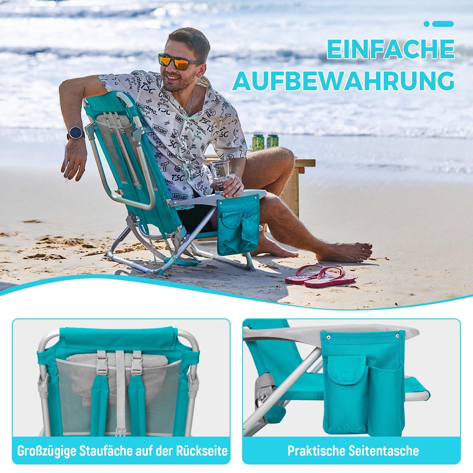 Strandstuhl klappbar Alu Hochlehner Klappstuhl 4 Position Leicht tragbar stabiler Campingstuhl