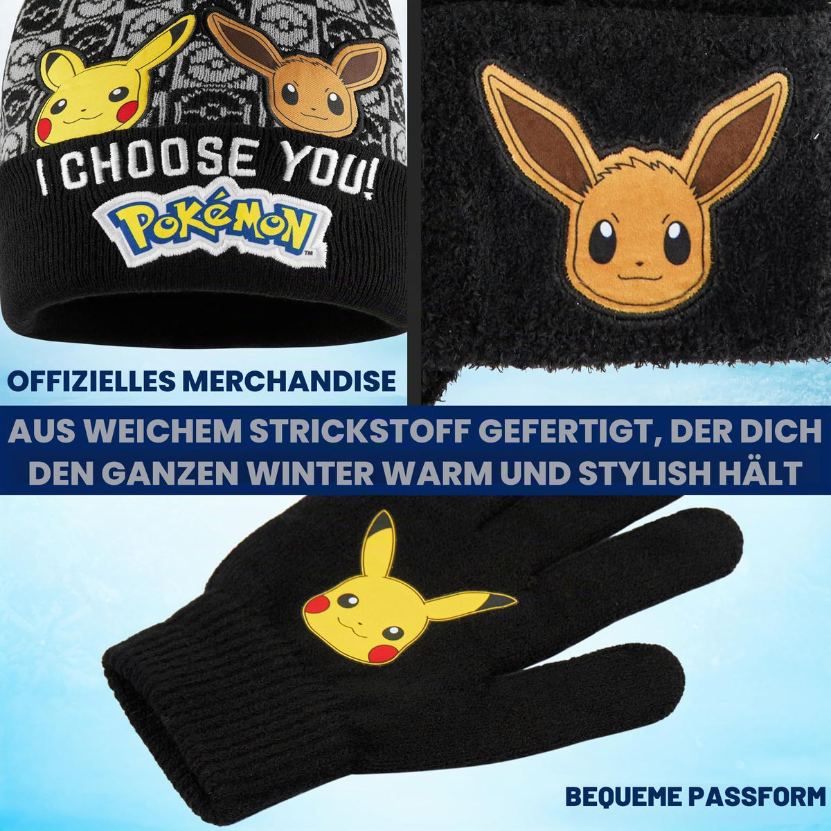 Pokemon Mütze, Schal & Handschuhe Jungen 4-12 Jahre, 3 Stück Warme Kinder Winter Set für kalte Tage, Anime Geschenke für Jungen
