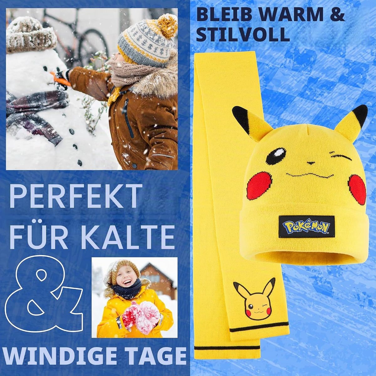 Pokemon Mütze Schal Handschuhe Set Jungen 8–10 Jahre, 3D Pikachu Beanie, Weiches Strick-Winterset, Anime Geschenke für Kinder