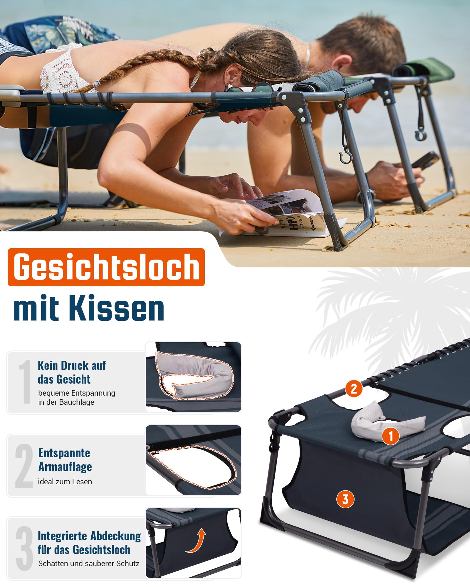 Sonnenliege Klappbar 5-Verstellbare, bis 180 kg, 2er Set, Blau | Gartenliege Klappbar, mit Kopfstütze & Seitentasche, Sonnenliege Wetterfest, Strandliege für Garten Terrasse Pool Camping