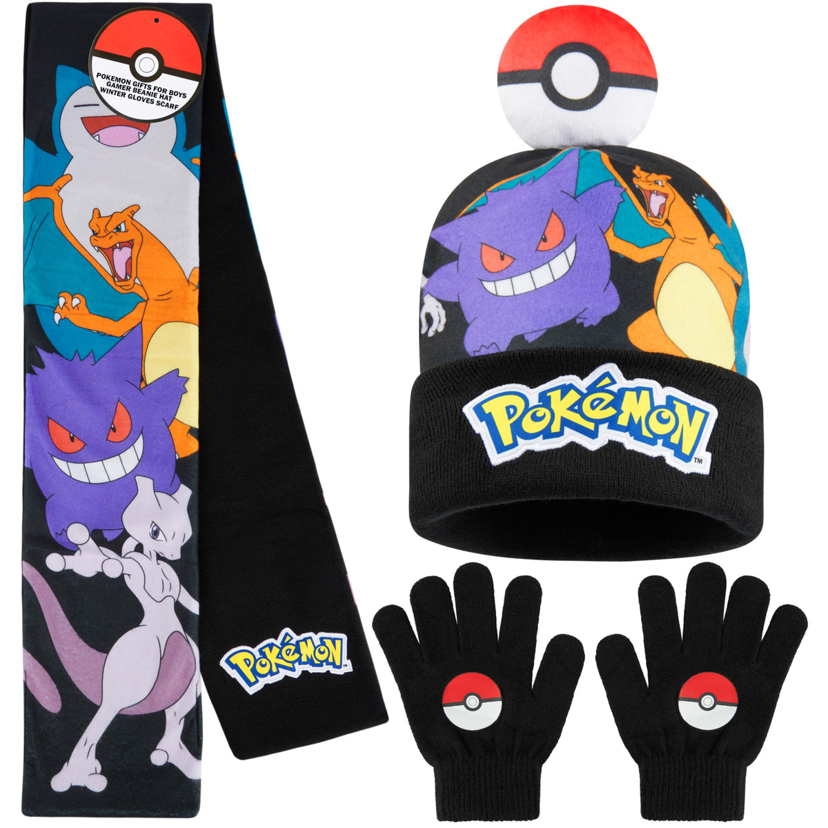 Pokemon Mütze, Schal & Handschuhe Jungen 4-12 Jahre, 3 Stück Warme Kinder Winter Set für kalte Tage, Anime Geschenke für Jungen
