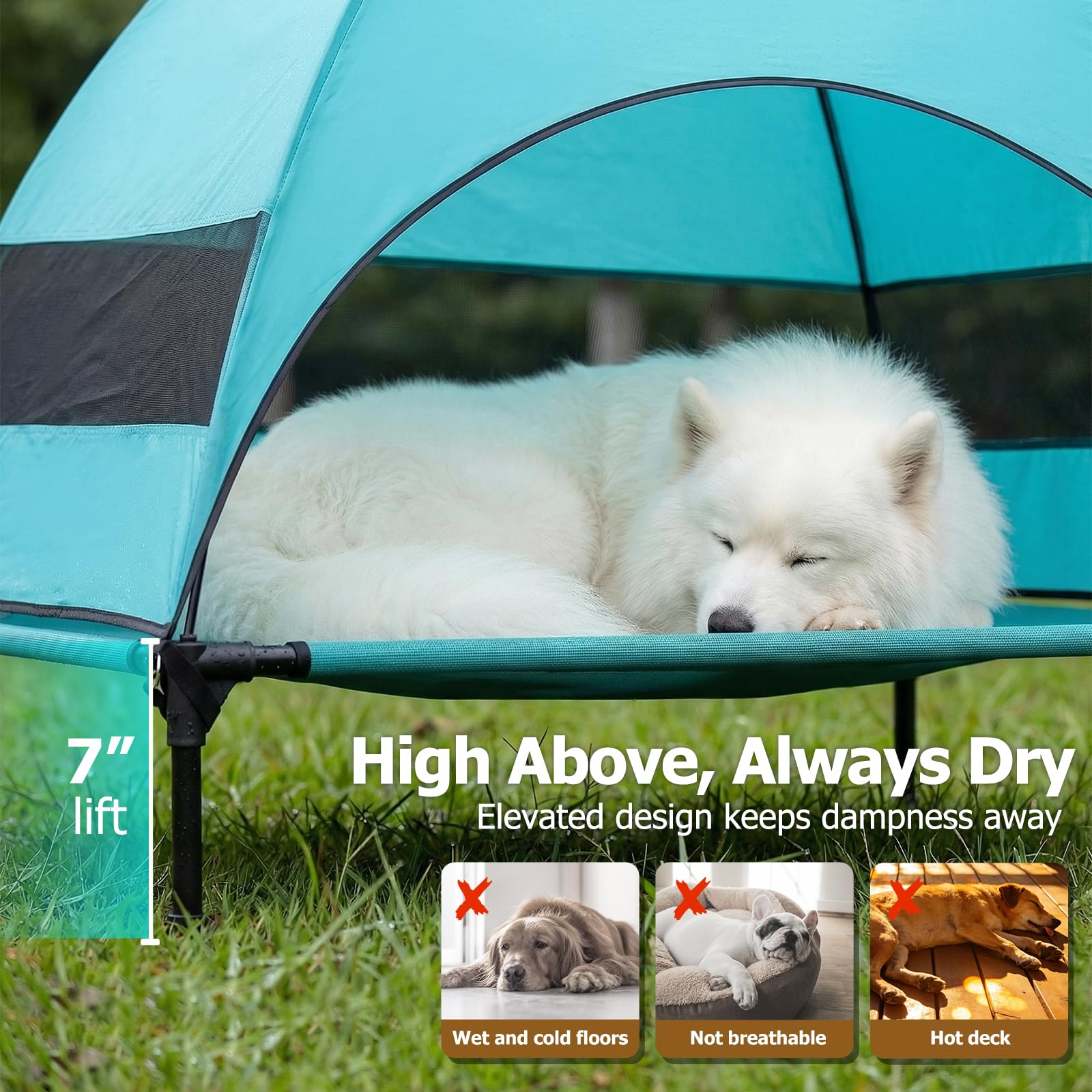 Erhöhtes Hundebett Outdoor mit UV-beständiges Dach，Hundeliege Klappbar mit Anti-Rutsch-Füßen, Hundezelt Outdoor mit Großem Schatten, Kühlendes ErhöHtes Hunde Bett für Camping, Garten & Pool (Grau, L)