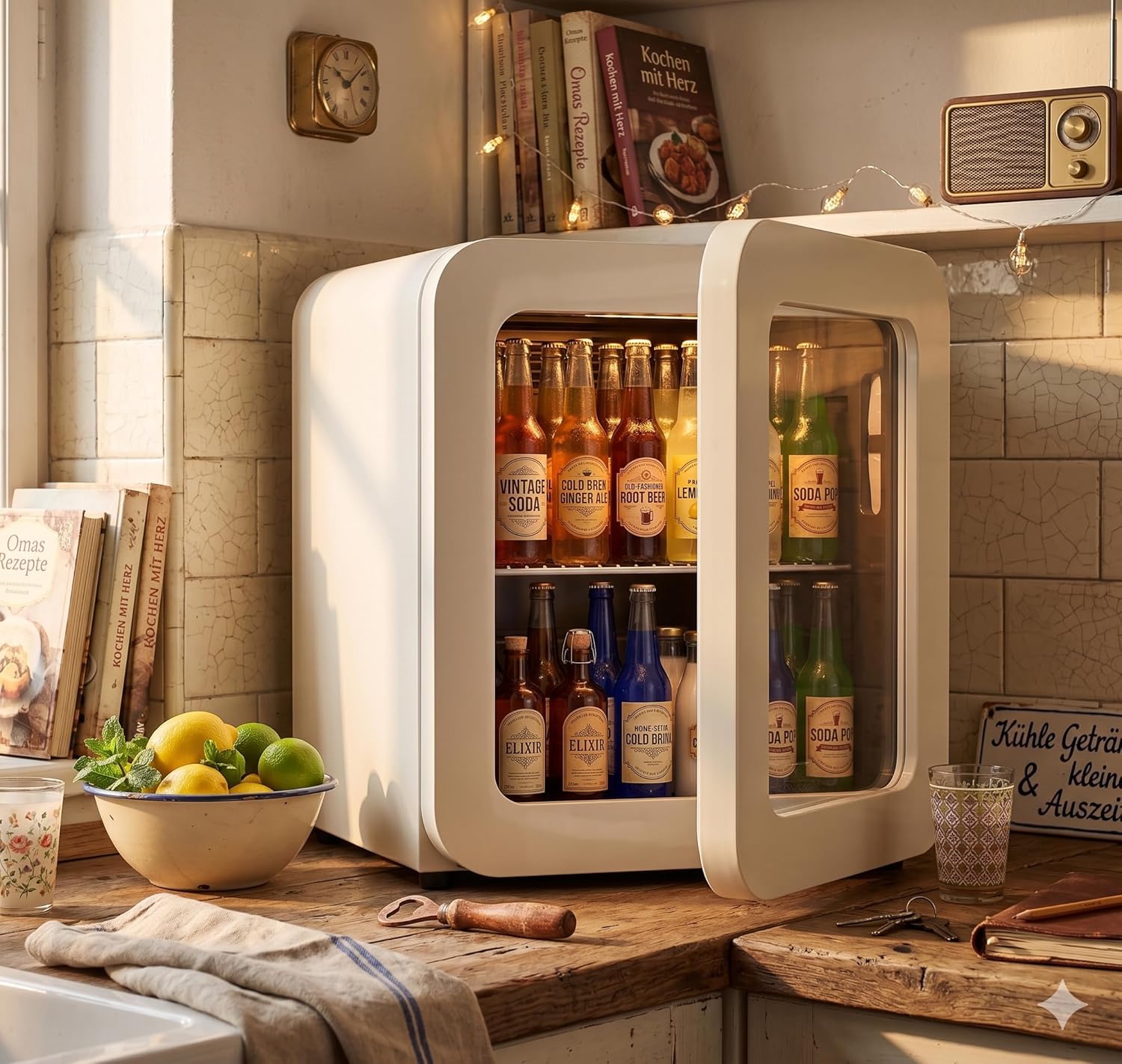Retro Kühlschrank 48L Creme – Kompakter Mini Kühlschrank für Zuhause, Büro, Kiosk & Gastronomie – Leiser Getränkekühlschrank für Küche, Home Office, Gaming Room & Hotel