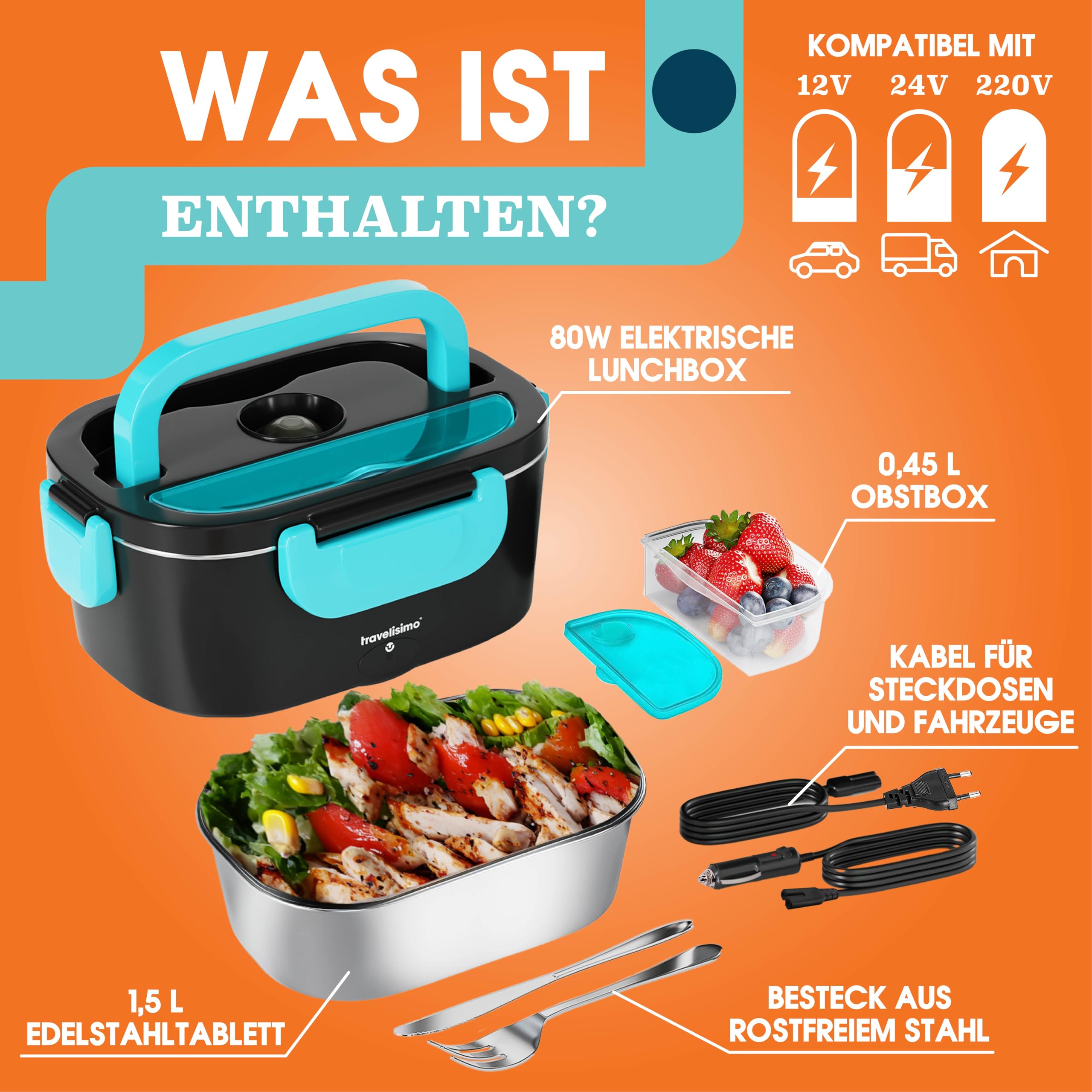 Elektrische Lunchbox 80W Selbsterhitzende Dosen, 1,5L Heat Box 3-in-1 Electric Lunch Box, Essen Aufwärmen Unterwegs 12V/24V/220V, für Arbeit Auto Lkw Lunchbox Elektrisch, Thermal Lunch Box