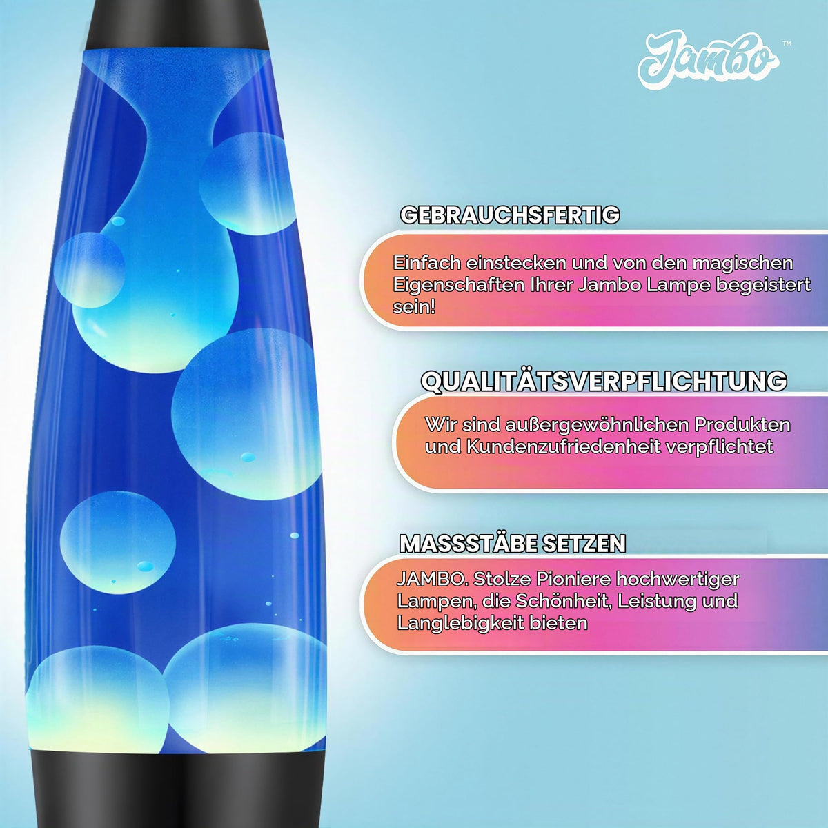 Jambo Liquid-Motion-Lampe mit schwarzem Sockel (Black Base, Purple Liquid, White Wax, 16")