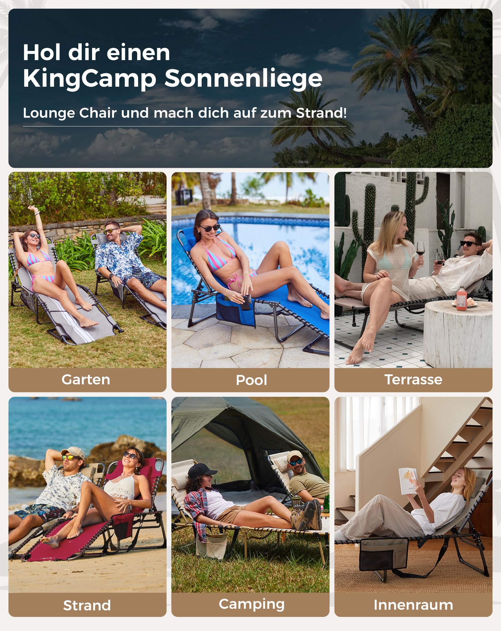 Sonnenliege Klappbar 5-Verstellbare, bis 180 kg, 2er Set, Blau | Gartenliege Klappbar, mit Kopfstütze & Seitentasche, Sonnenliege Wetterfest, Strandliege für Garten Terrasse Pool Camping