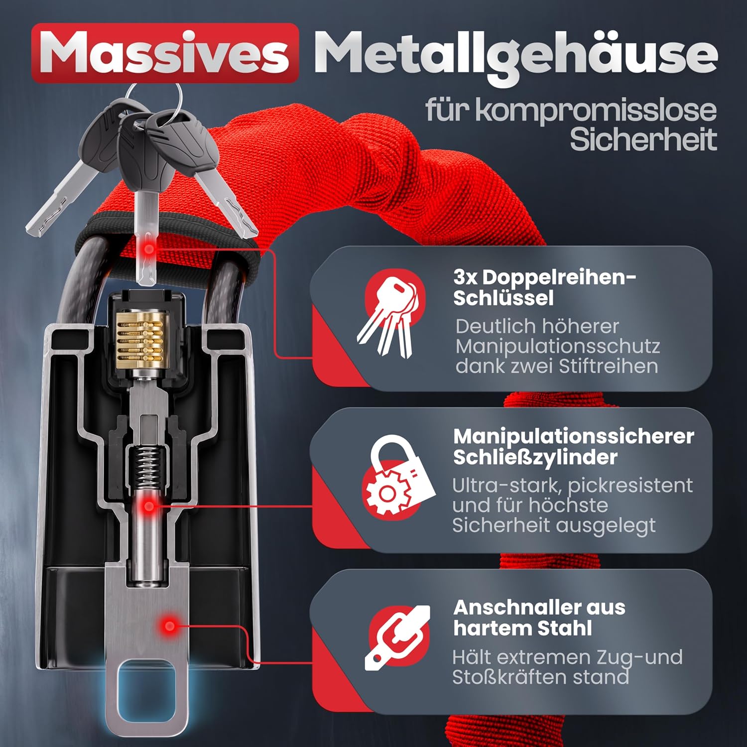 Lenkradkralle für Auto & Wohnmobil aus Metall - Universelle Passform - Lenkradschloss mit dickem Stahlseil - Wegfahrsperre Diebstahlsicherung mit 3 Sicherheitsschlüsseln
