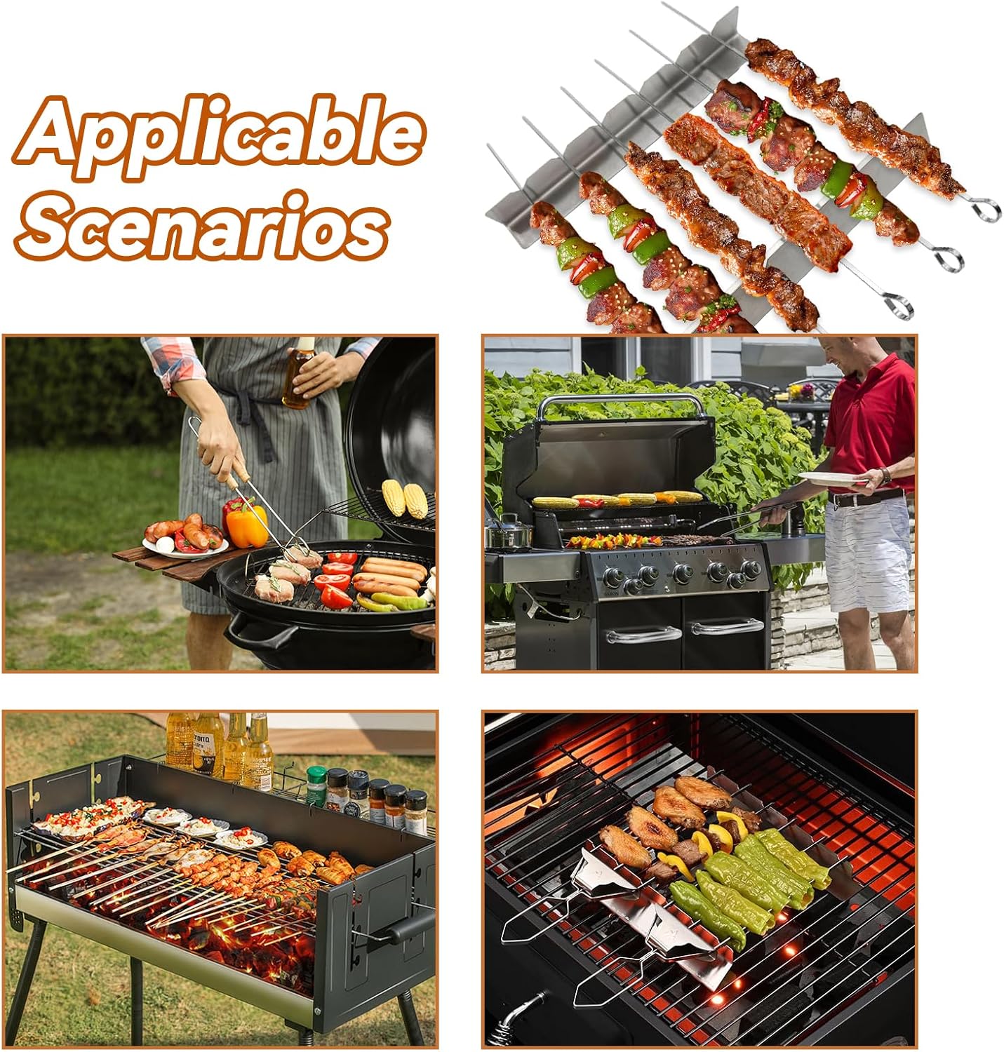 4 Stück Grillspiesse Edelstahl Rack, Schaschlik Aufsatz für Gasgrill Spiesse Grill für 6 Spieße BBQ Grill Zubehör für im Freien beim Camping Wandern oder Picknick