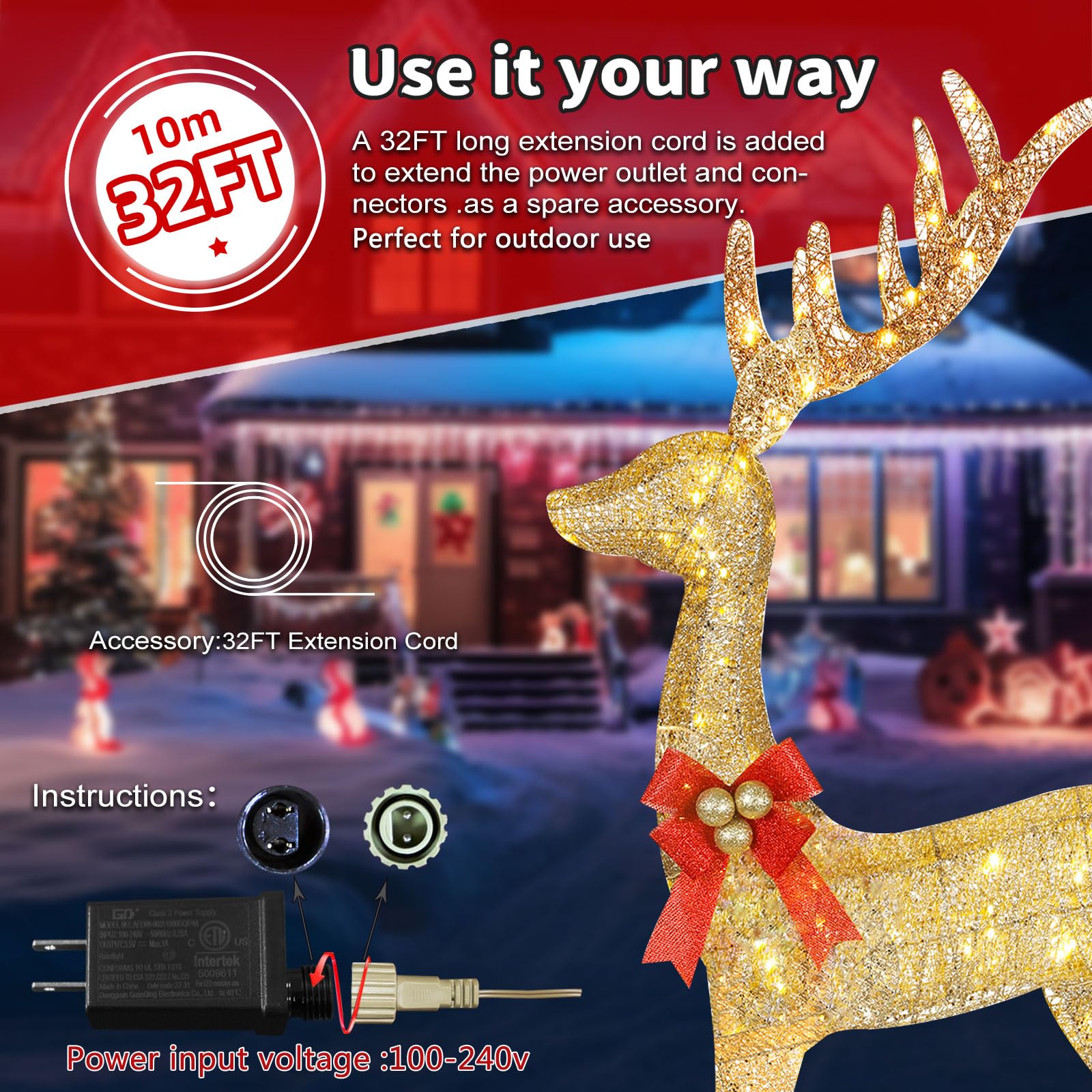 Beleuchtete Weihnachtsdekoration Deer 3 Stücke, Beleuchtete Weihnachtsdekoration Reindeer Familienset für Indoor Outdoor Vorderveranda mit LED, Stecker, Verlängerungskabel, Bodenpfähle, Gold