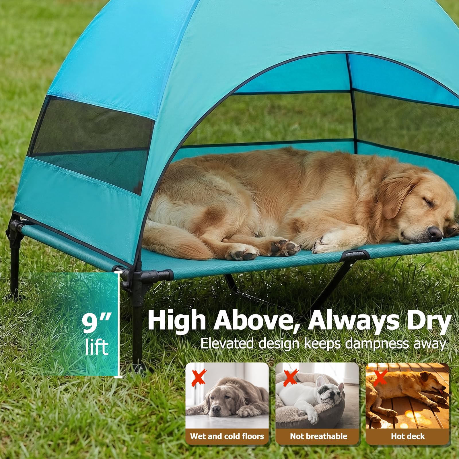 Erhöhtes Hundebett Outdoor mit UV-beständiges Dach，Hundeliege Klappbar mit Anti-Rutsch-Füßen, Hundezelt Outdoor mit Großem Schatten, Kühlendes ErhöHtes Hunde Bett für Camping, Garten & Pool (Grau, L)