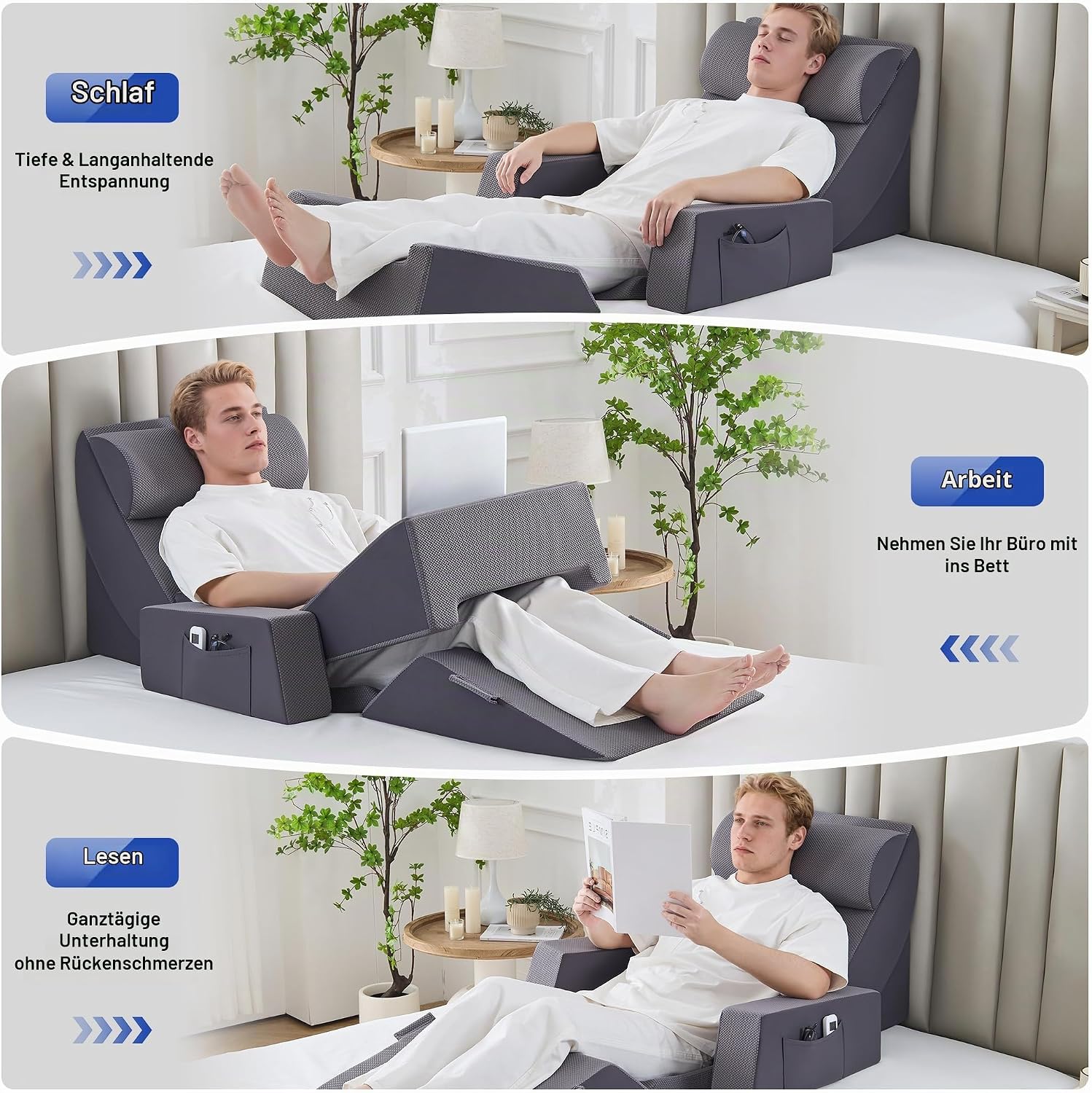 9PCS Orthopädische Bett Keil Kissen Set,Post Chirurgie Schaum Kissen für Körper, Rücken und Beine Schmerzlinderung,Justierbare Stützkissen mit Säure Reflux Bed Wedge Memory Foam Durchgehend dunkelgrau