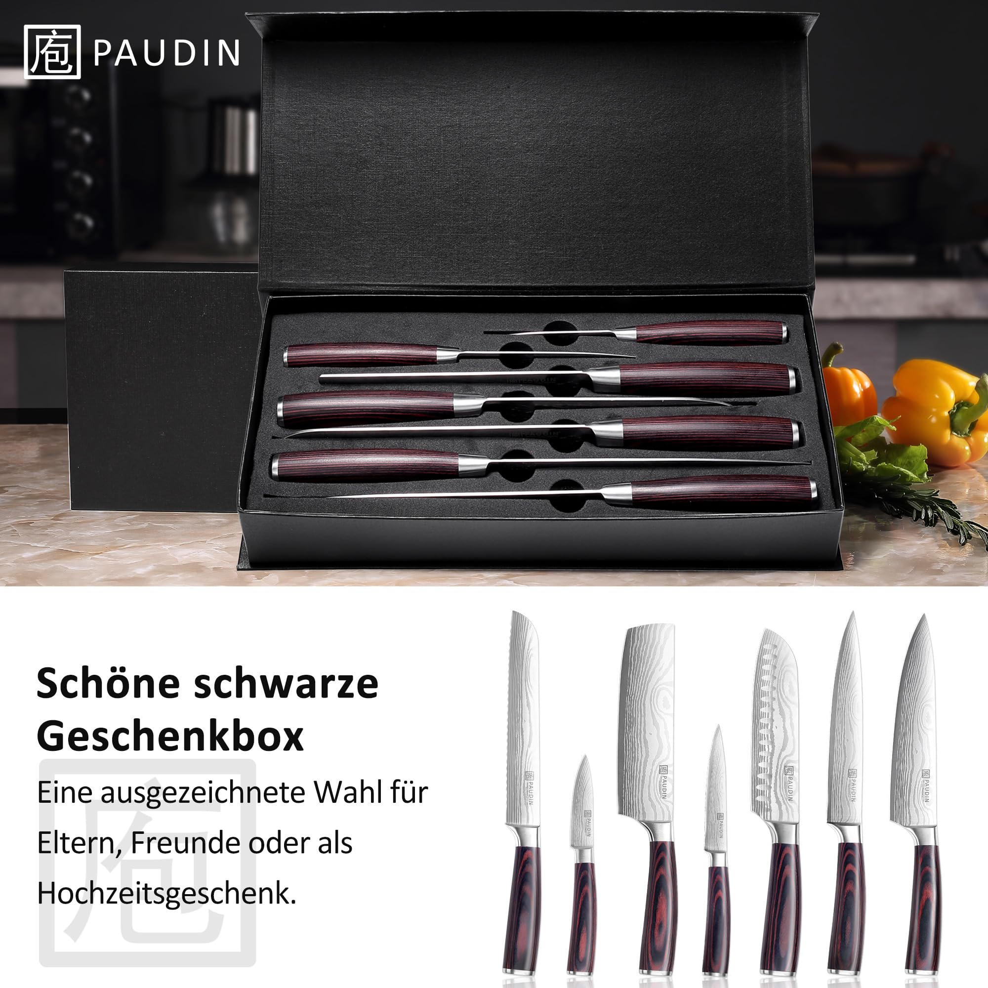 Küchenmesser-Set, 5-teiliges Küchenmesser-Set aus hochwertigem Kohlenstoff-Edelstahl, Ultra Sharp Messer-Set mit Kochmesser, Hackmesser, Nutzmesser