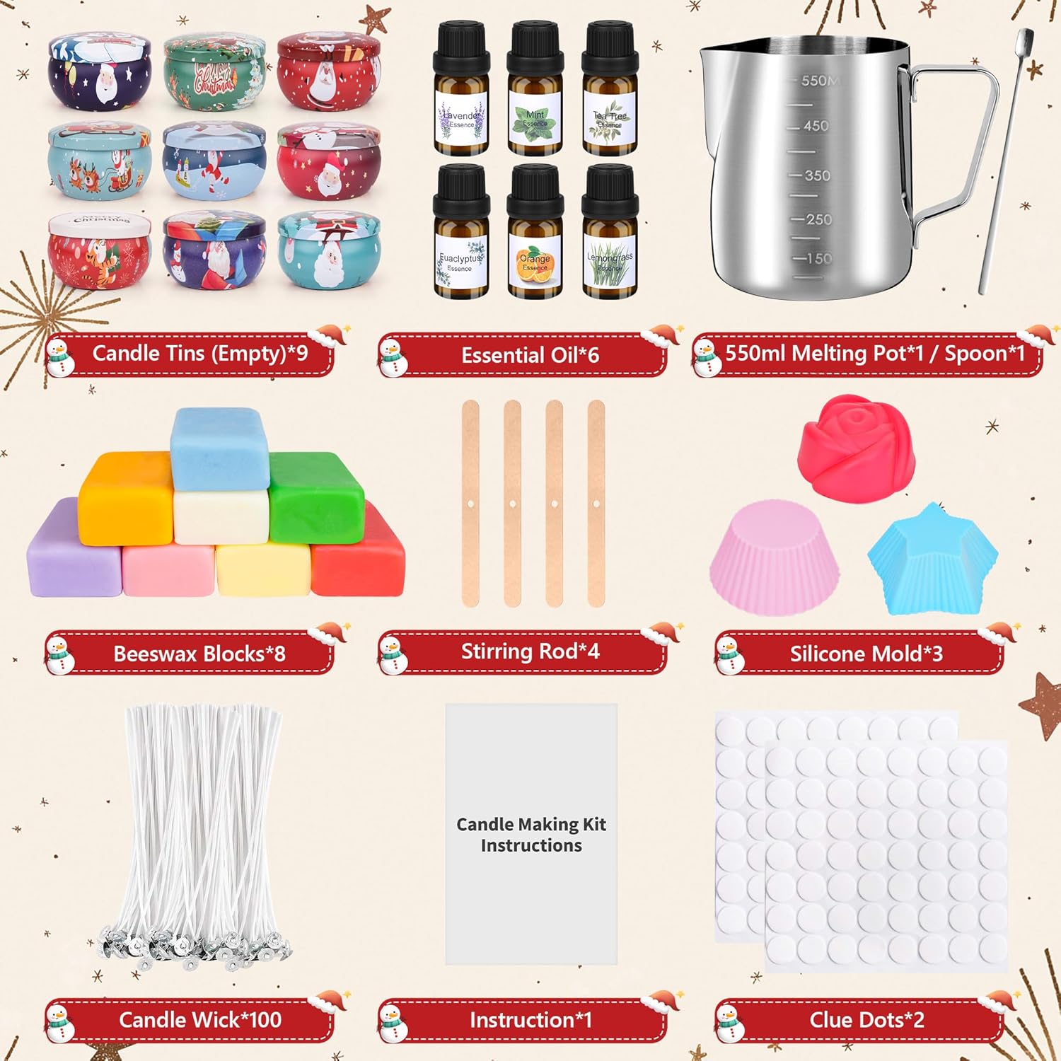 Kerzen Selber Machen Set,DIY Kerzenherstellung Kit,Duftkerze Geschenke Set mit 500g Bienenwachs,Kerzen Schmelztopf,9 Kerzendosen,6 Duftöl,3 Silikonformen,100Candle Wicks ,Rührlöffel,Dochthalter