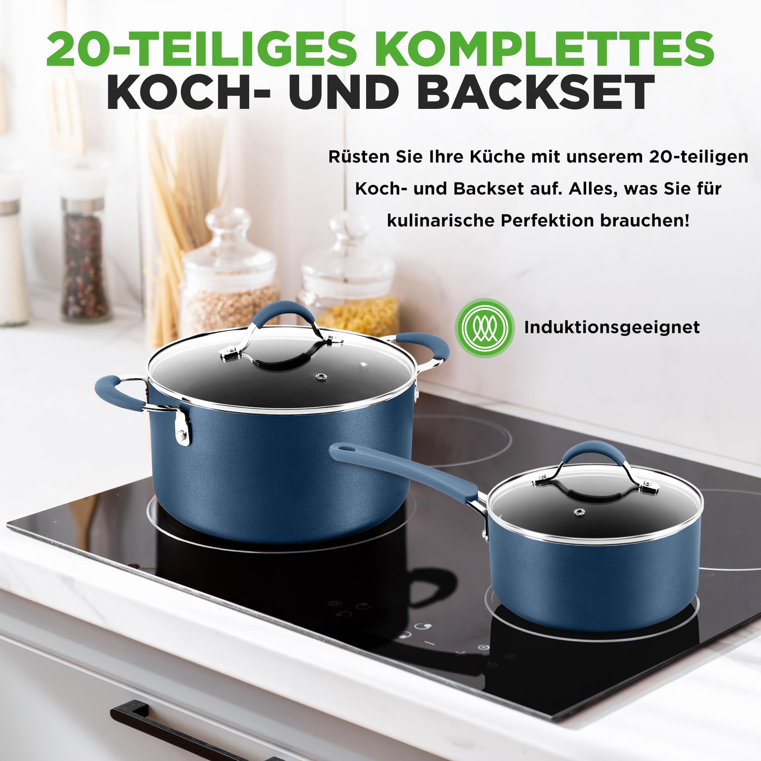 20-teiliges Non-Stick-Saucepan, Pfannen- und Backformset - Kochset PFOA/PFOS frei für Gas, Strom, Keramik und Induktion - Enthält Pfannen, Töpfe, Backdosen, Laibdose, Muffinform