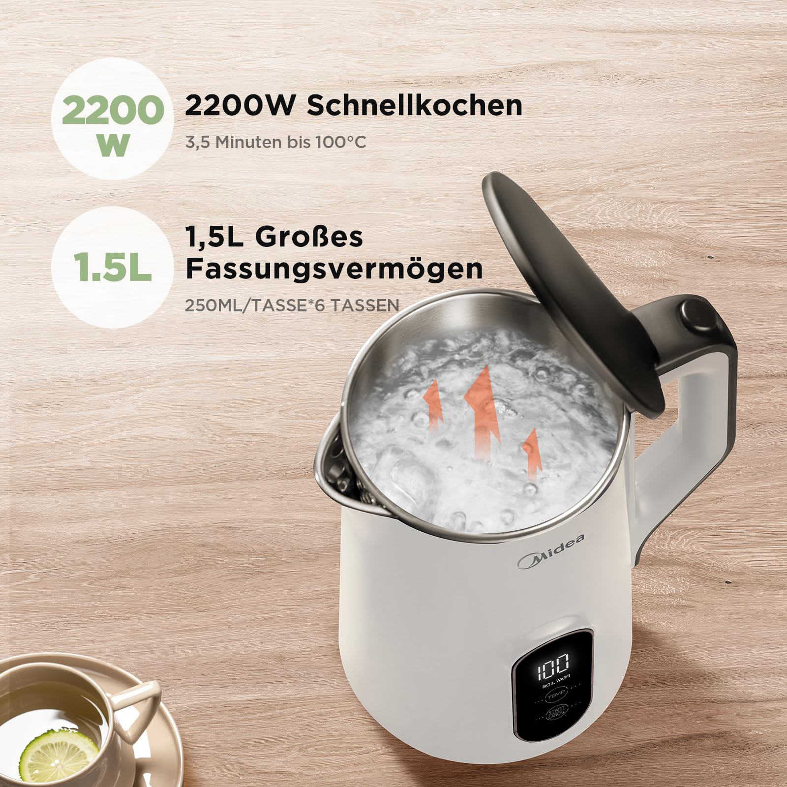 Edelstahl-Kessel mit Temperatureinstellung, 45°C - 100°C, 1,5 Liter, 2200 W Wasserkocher weiß, Teebereiter mit Temperaturanzeige und Sicherheitsfunktionen, BPA-frei, Doppelwanddesign