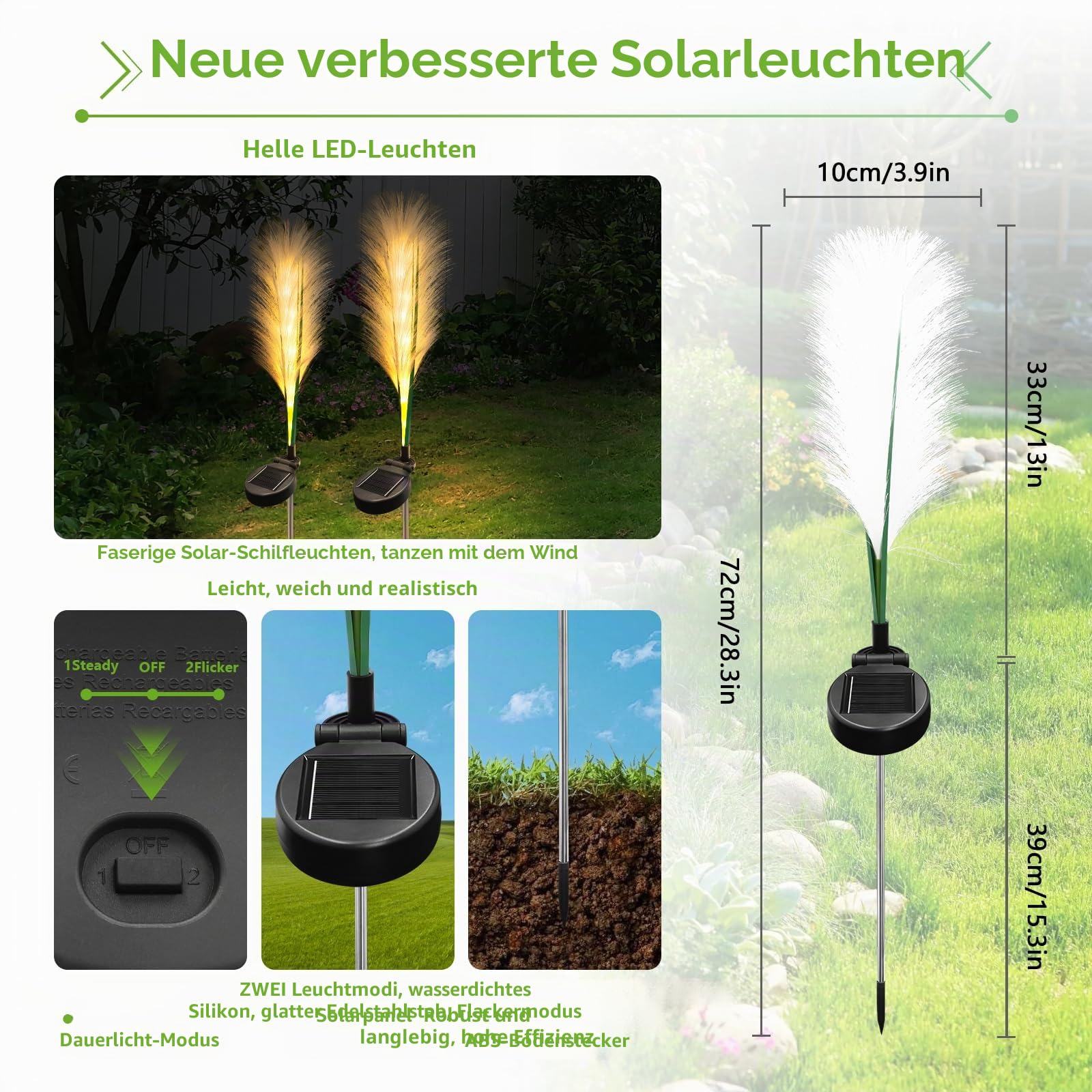 Solarleuchten Garten Schilf, Solarlampen für Außen, Wasserdichte Gartendeko für Draußen, Solar Deko für Rasen Gehweg Balkon Terrassen Landschaft Wegbeleuchtung