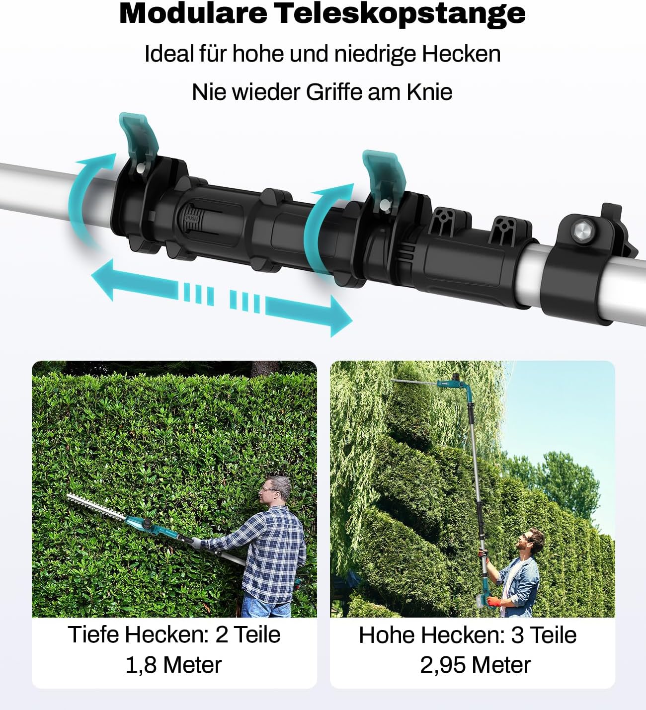 Akku Teleskop-Heckenschere kompatibel mit Makita 18V-Akkus,45 cm Schnittbreite,16 mm Zinkenabstand, 2,95 m Reichweite, 5-Fach Verstellbarer Schneidkopf & 6-Stufen Griff